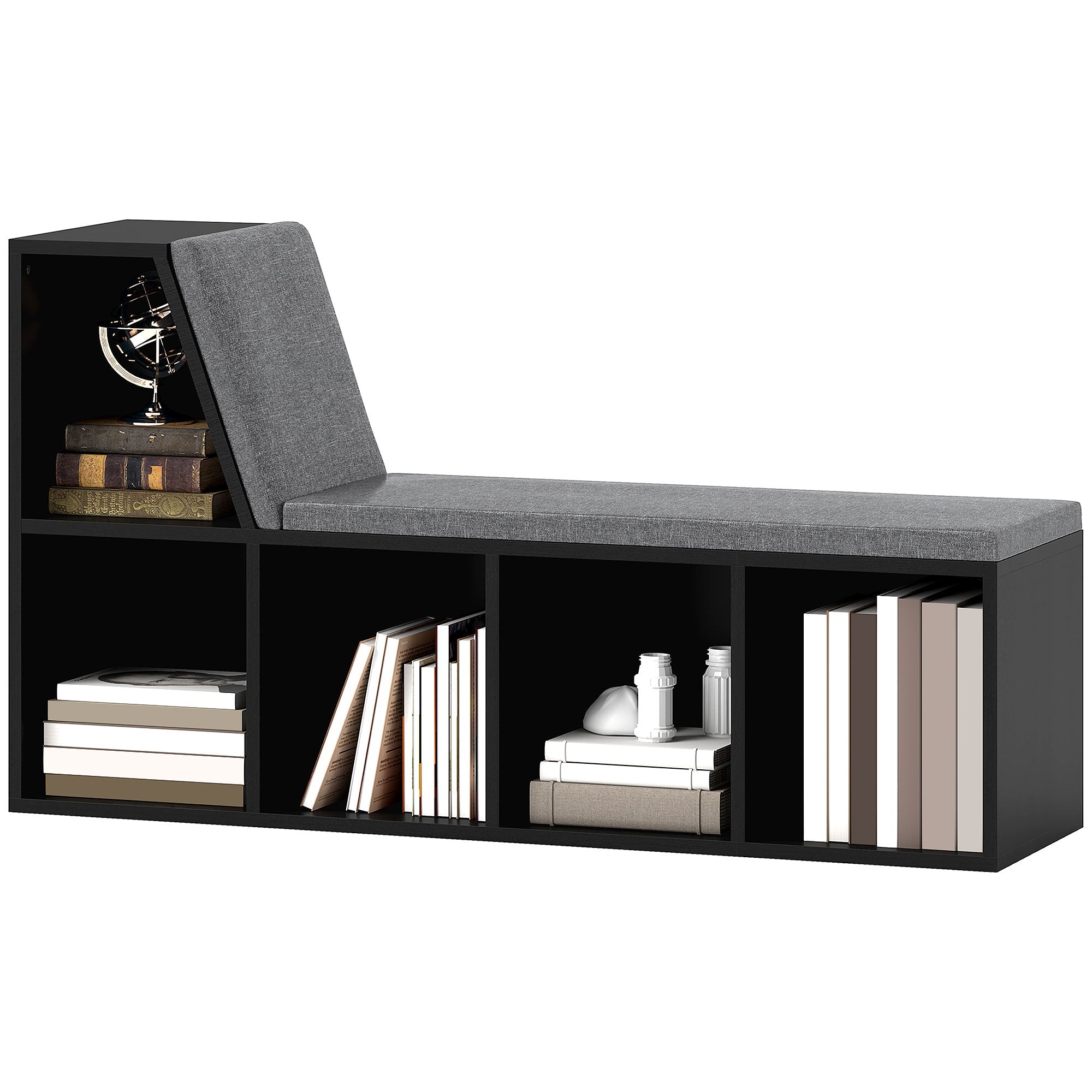 HOMCOM Multi-Purpose Bookshelf with 5 Cubes, 5-Cubby Bookcase with Cushioned Reading Nook and Storage Shelves, Distressed Black 