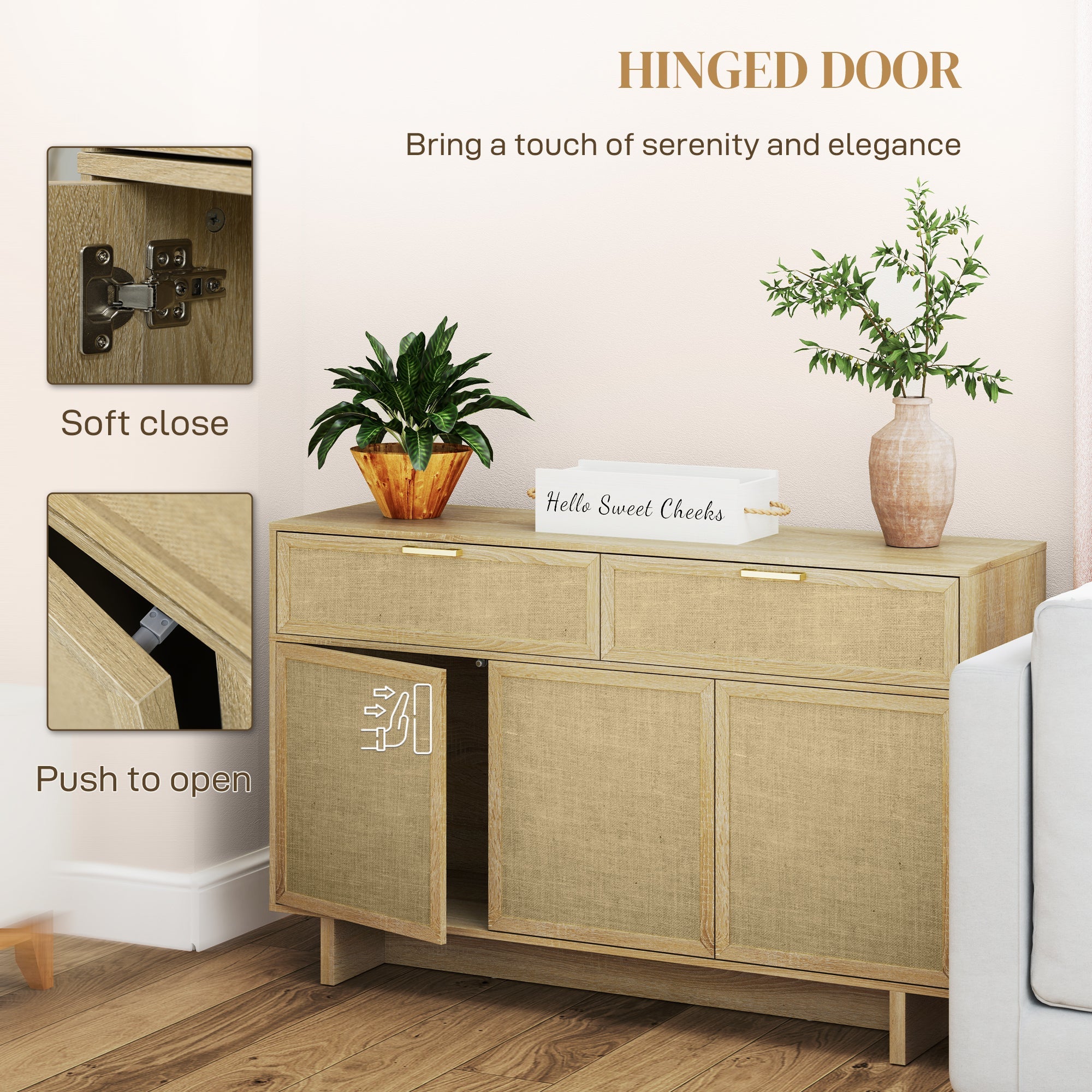 HOMCOM Boho Kitchen Sideboard Buffet Cabinet with Hinge Doors, Drawers and Adjustable Shelf for Living Room, Natural Wood 