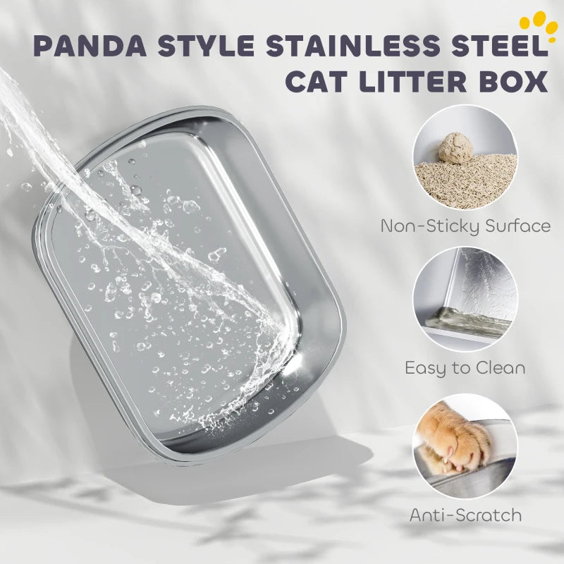Panda Style XL Stainless Steel Cat Litter Box with Lid, Enclosed Kitty Litter Box with Scoop, 23.7" x 15.9" x 17.6"