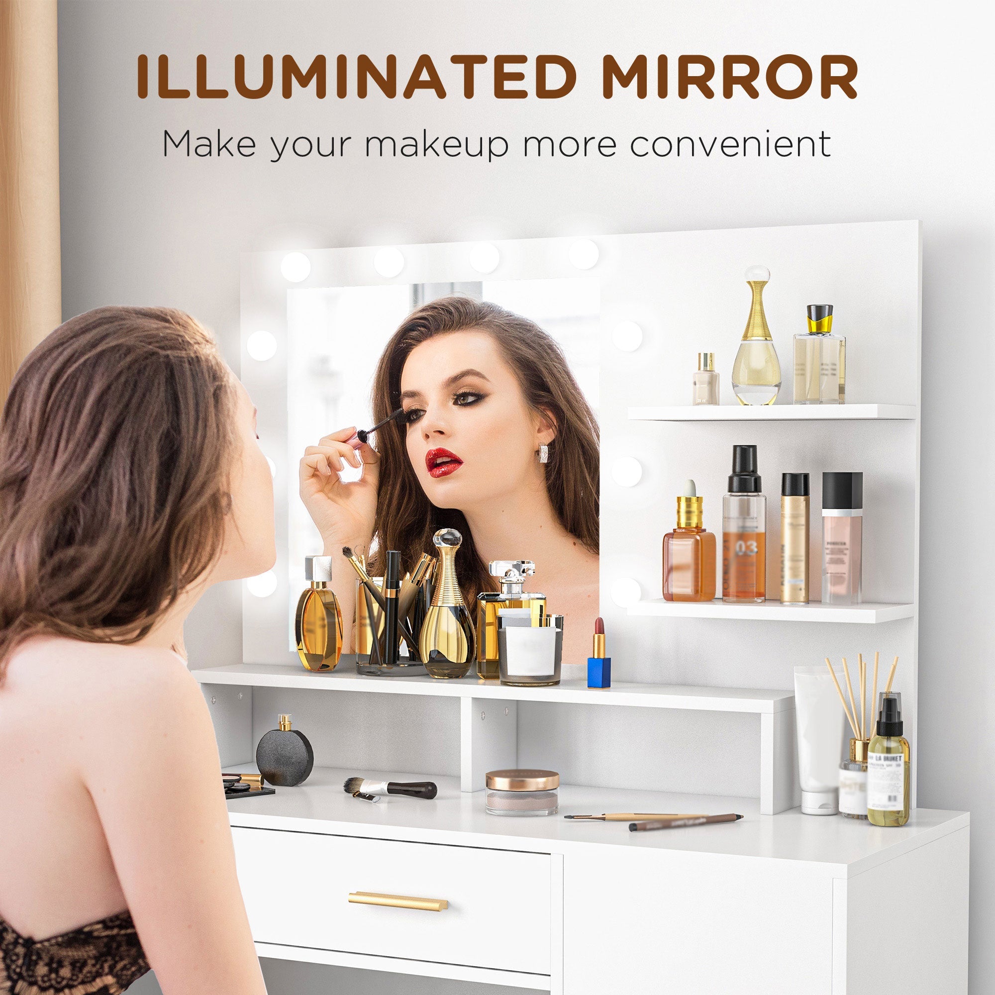 HOMCOM Illuminated Dressing Table Set, LED Vanity Table Set with Stool, LED Mirror, Drawer and Cabinet Shelves for Bedroom 