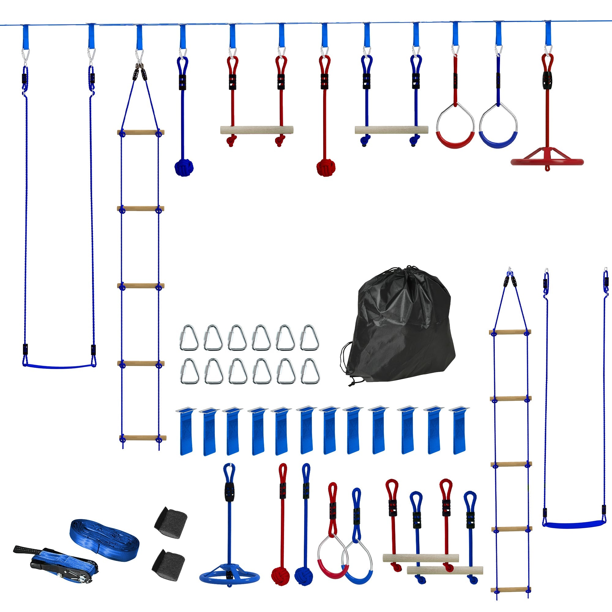 Qaba 32.8' Ninja Warrior Obstacle Course for Kids 3-6 Years, with Swing, Monkey Bars, Climbing Ladder, Gym Rings, Blue 