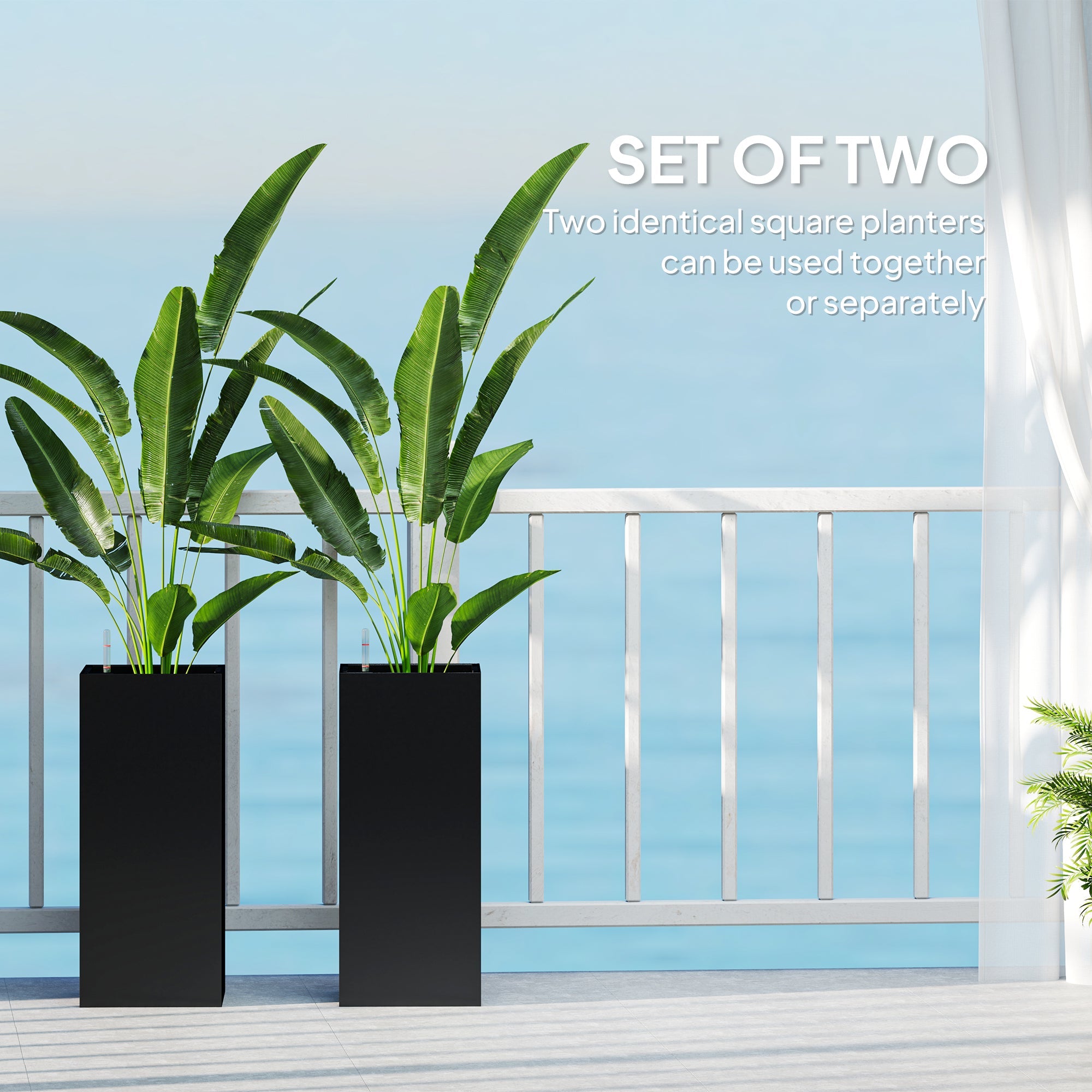 Outsunny 2 Pack Planter Box, 11 Inch Plastic Flower Pots with Water Level Indicator, Drainage Hole and Drain Plug, Black 