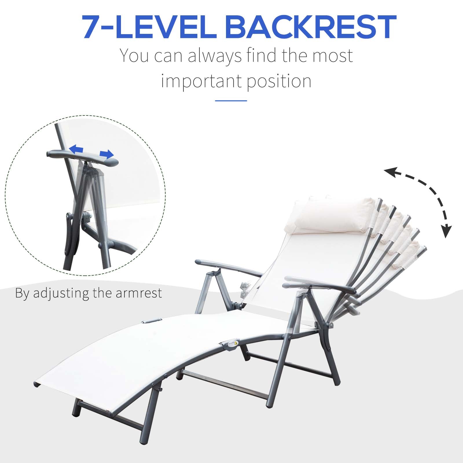 Outsunny Adjustable Reclining Patio Chaise Lounge Chair Tri-Fold Outdoor Garden Sun Lounger Cream 
