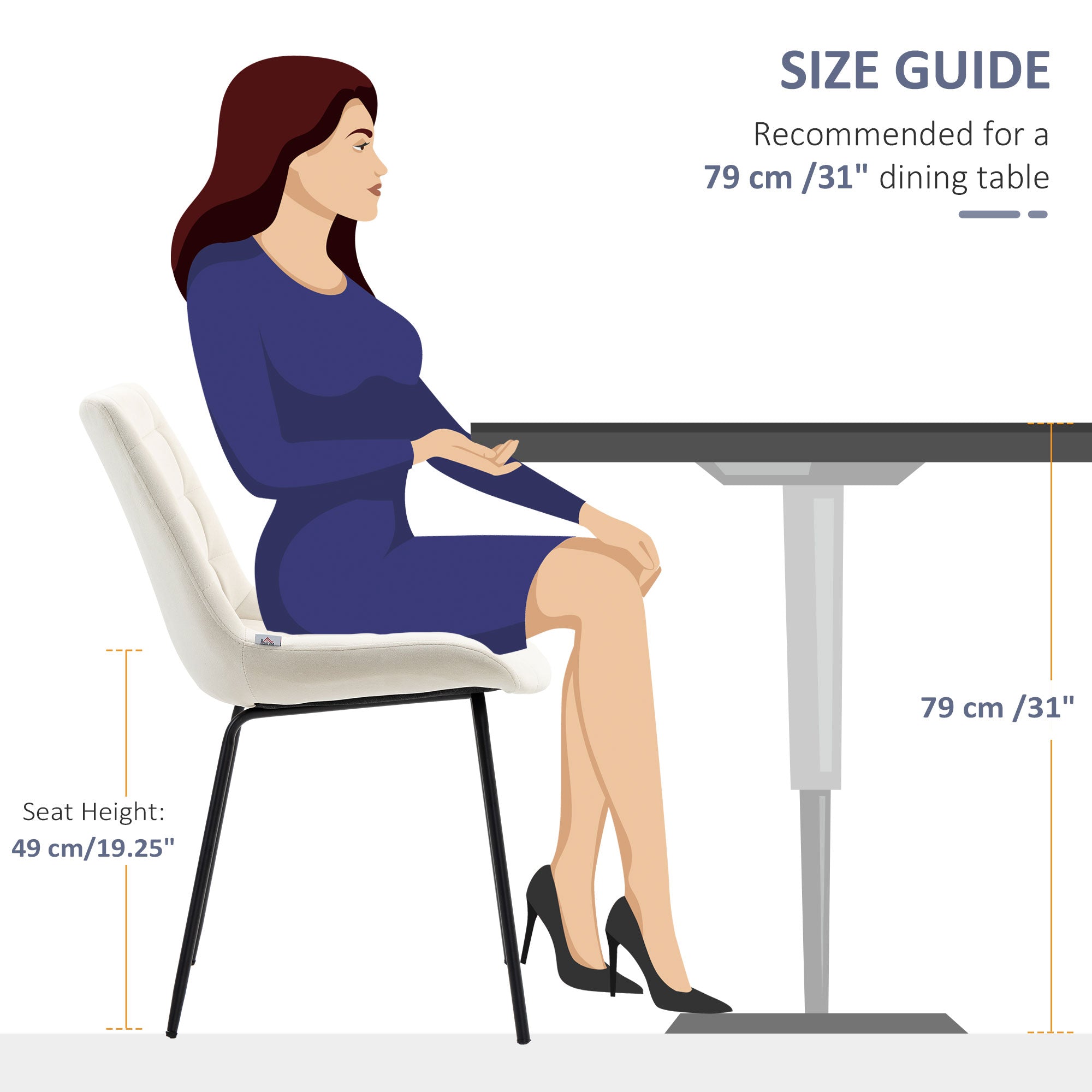 HOMCOM 2 Pieces Dining Chairs, Set of 2 Upholstered Kitchen Chairs with Padded Seat and Steel Legs for Living Room Cream White 