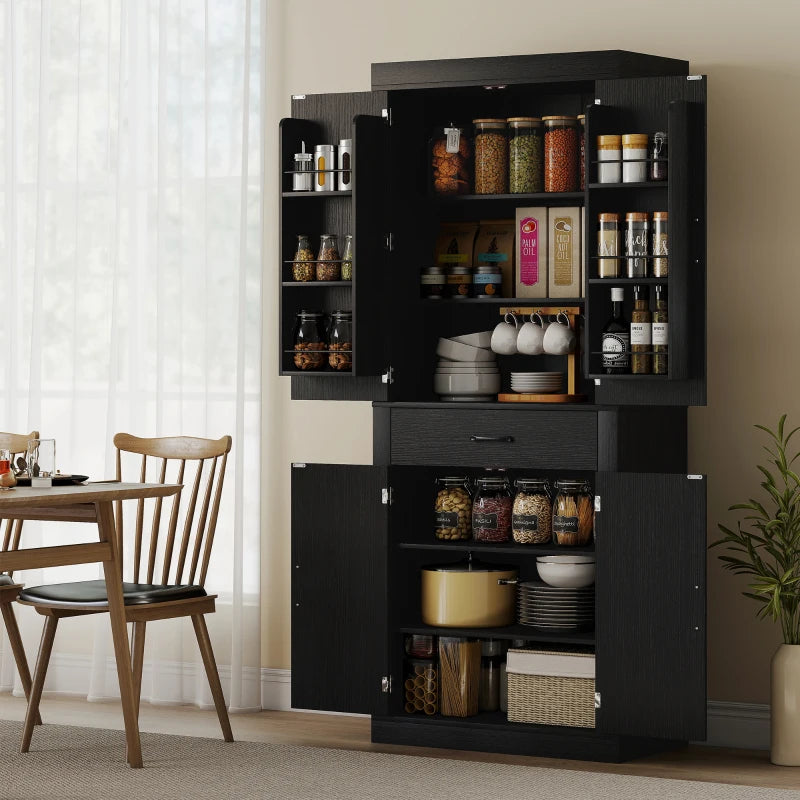 72" Kitchen Pantry Cabinet, Farmhouse Kitchen Storage Cabinet with 4 Barn Doors, 6 Door Shelves, Drawer, Black
