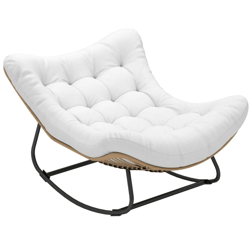Oversized Rattan Patio Egg Chair, Outdoor Rocking Chair with Padded Cushion for Indoor, Porch, Cream White