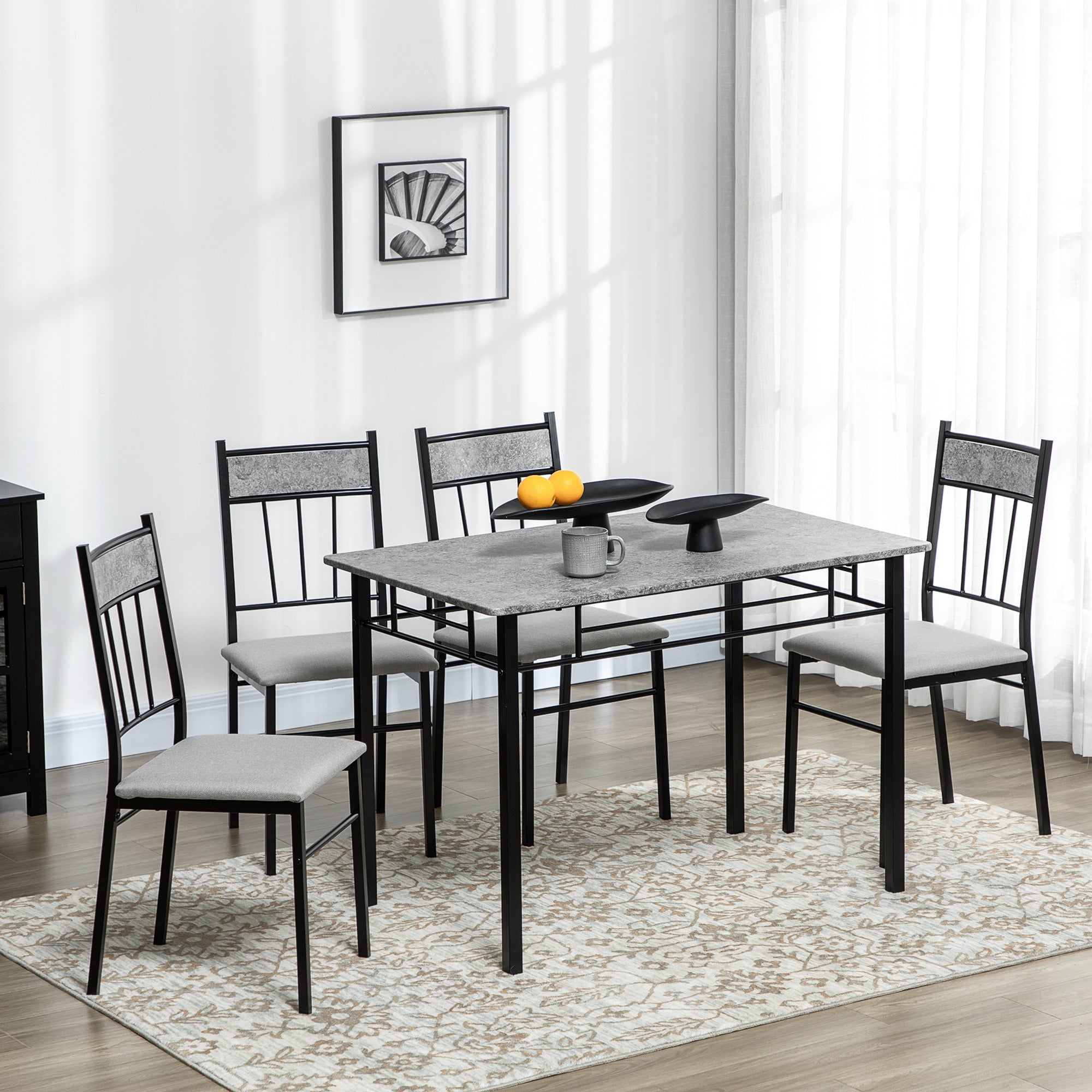 HOMCOM 5-Piece Dining Set: Kitchen Table & 4 Padded Metal Chairs, Grey Finish 