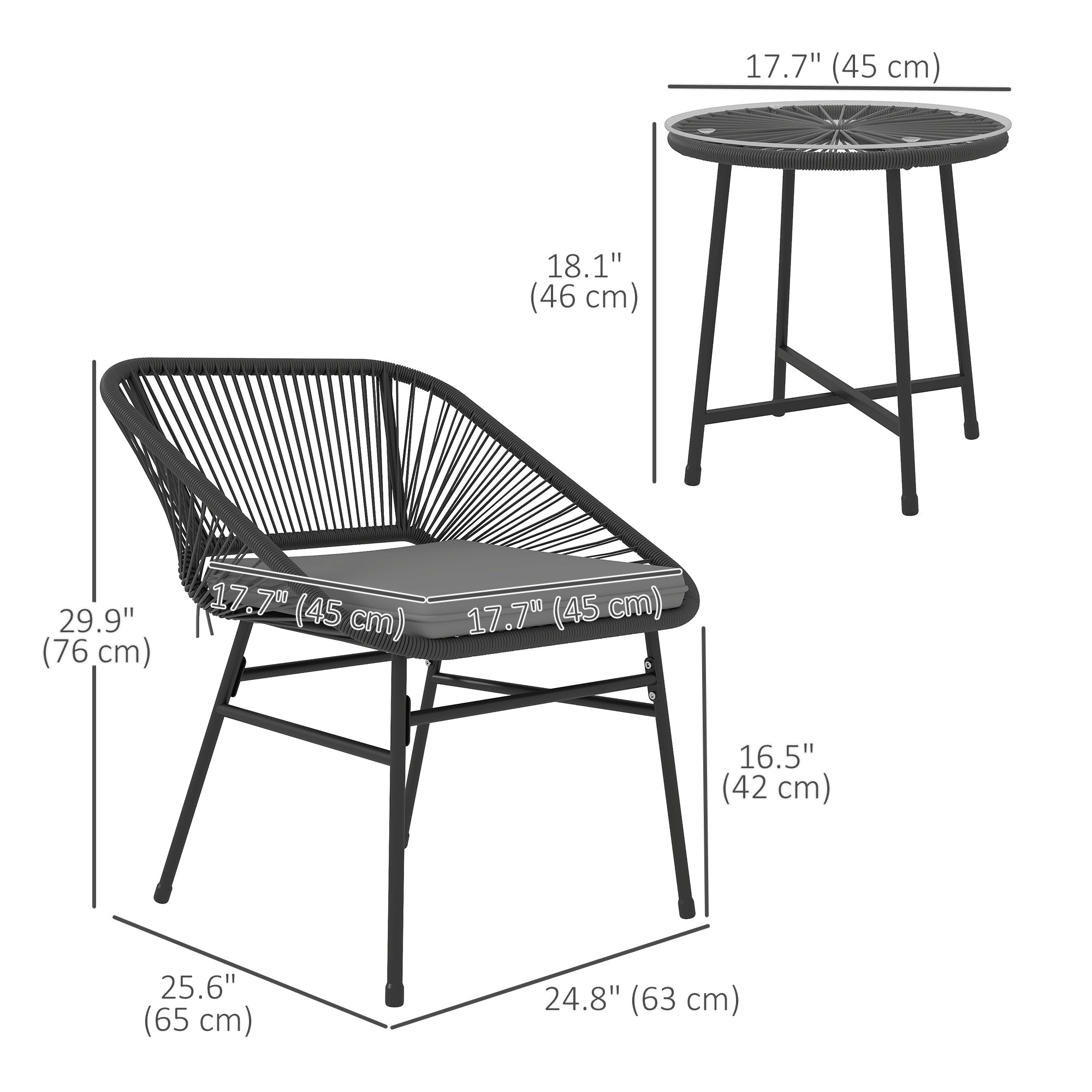 Outsunny 3 Piece Bistro Set, Wicker Outdoor Patio Furniture Set with Glass Top Table, Cushions for Balcony, Porch, Black 