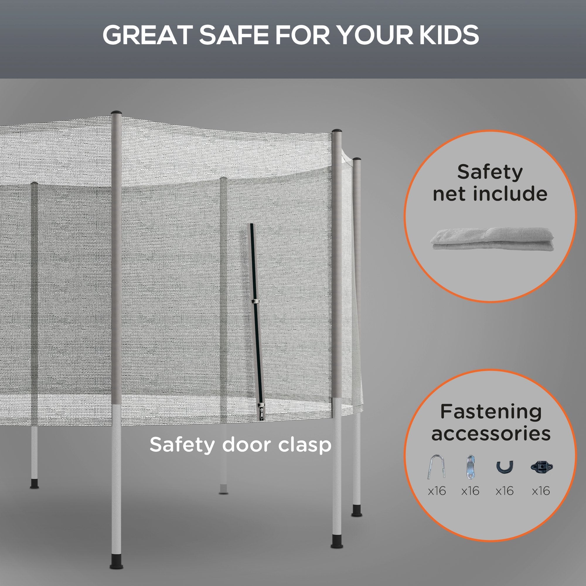 Soozier 14FT Enclosure Trampolining Bounce Safety Accessories Trampoline Net with 8 Poles, Grey 
