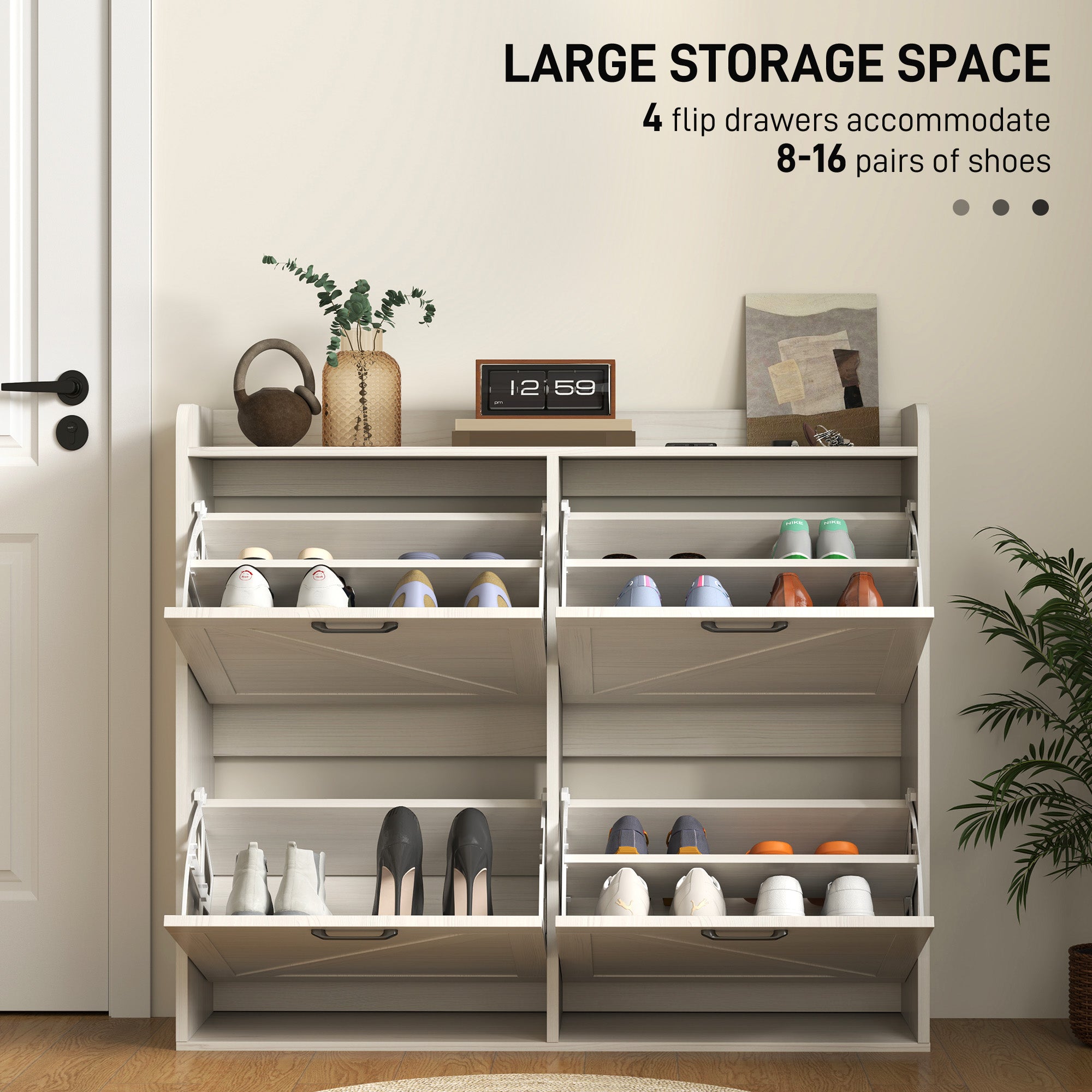 HOMCOM Narrow Shoe Storage Cabinet with 4 Flip Drawers, Adjustable Shelves, 16 Pair Farmhouse Shoe Cabinet, White Oak 