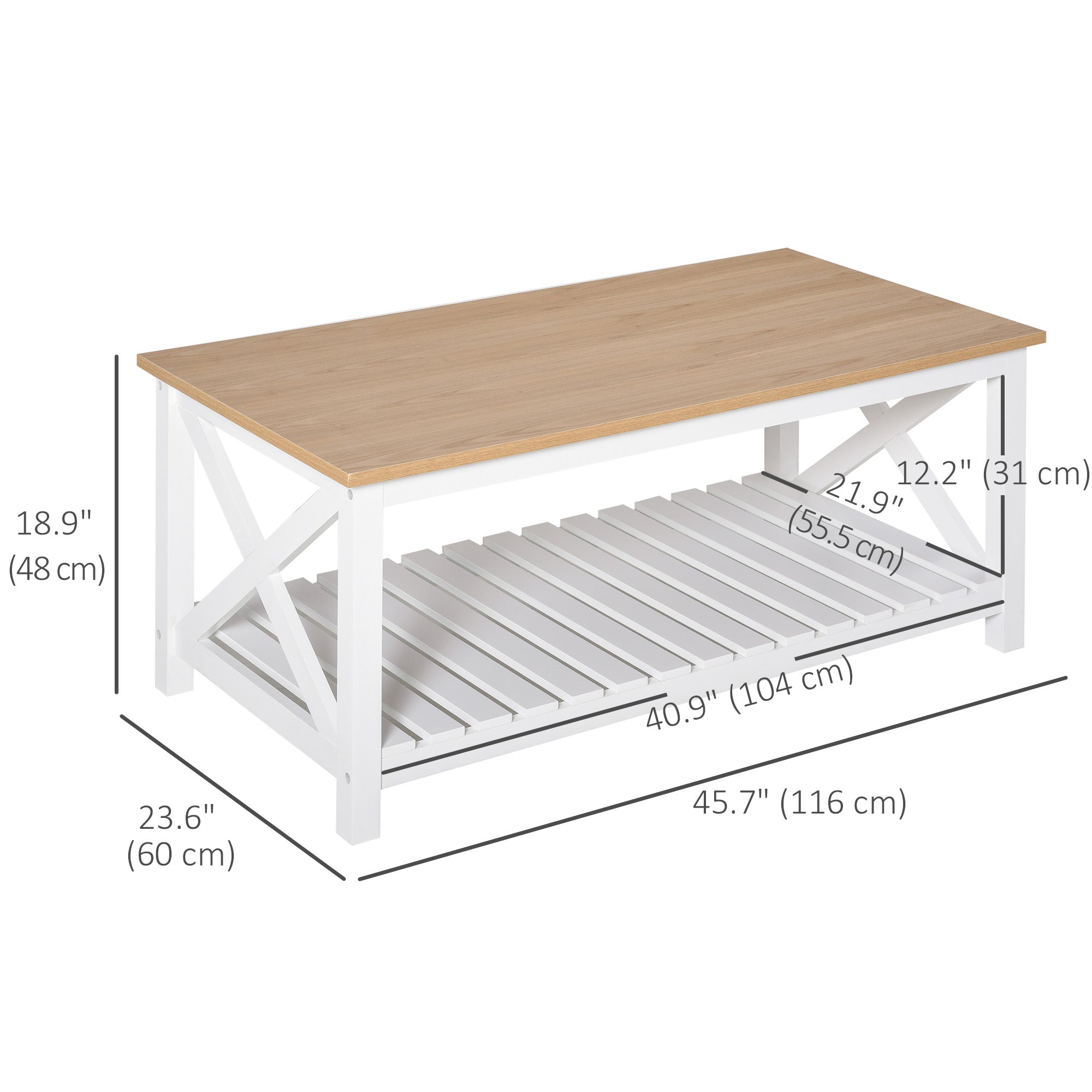 HOMCOM Farmhouse Style Coffee Table with Slatted Shelf White and Natural Center Table for Living Room 