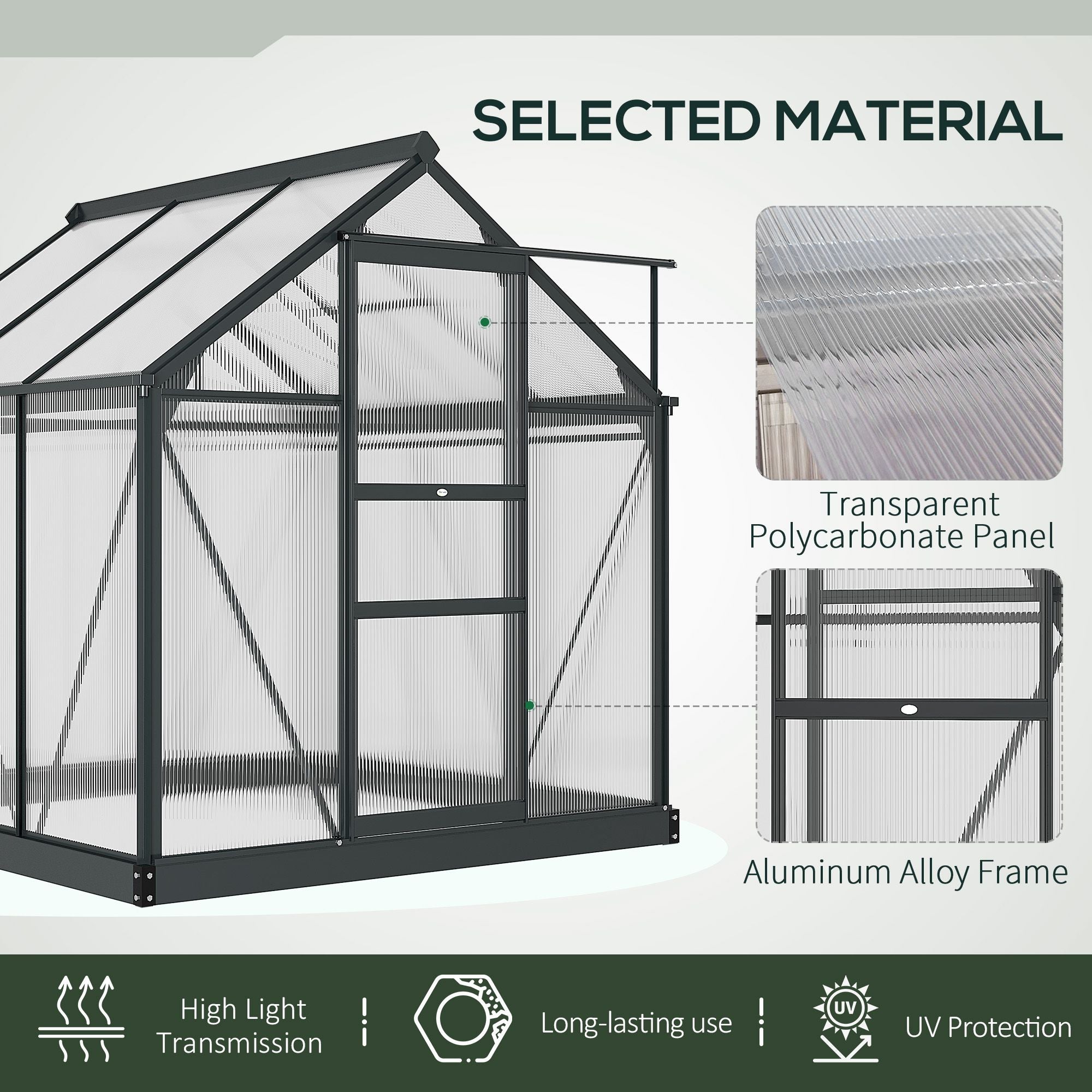 Outsunny Polycarbonate Greenhouse Kit 6.2'x6.3'x6.6' with Sliding Door, Sturdy Frame for Outdoor Gardening - Grey 
