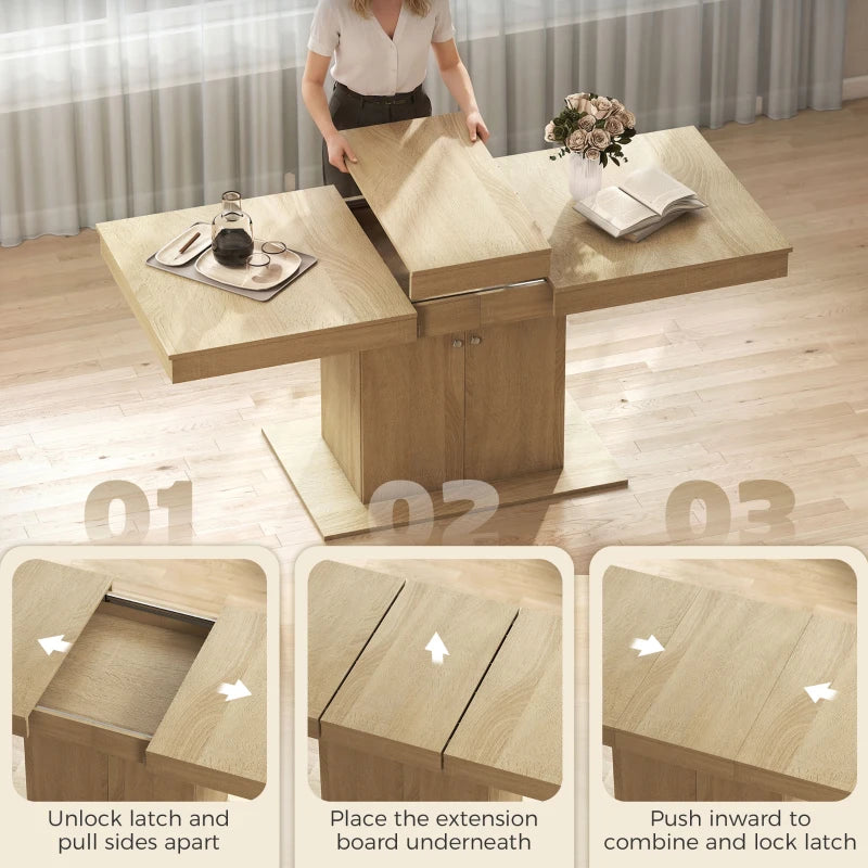 Extendable Dining Table with Storage Cabinet & Adjustable Shelf – Natural Wood