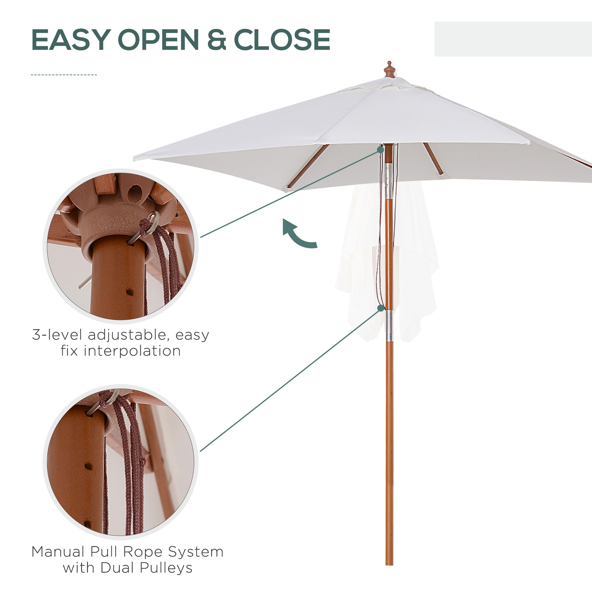 Outsunny Square Wooden Patio Umbrella: 6.6x5ft Fir Market Parasol with Tilt & 6 Ribs, Cream White 
