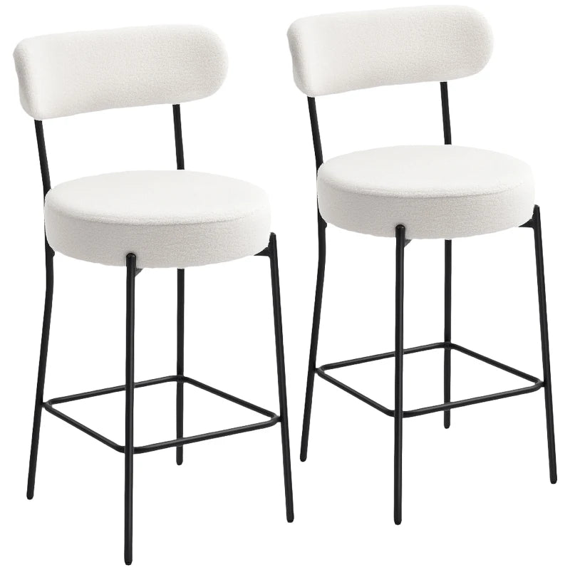 Set of 2 Barstools, Upholstered Bar Stools with Backrest, Footrest for Kitchen Island, Dining Room, Cream White