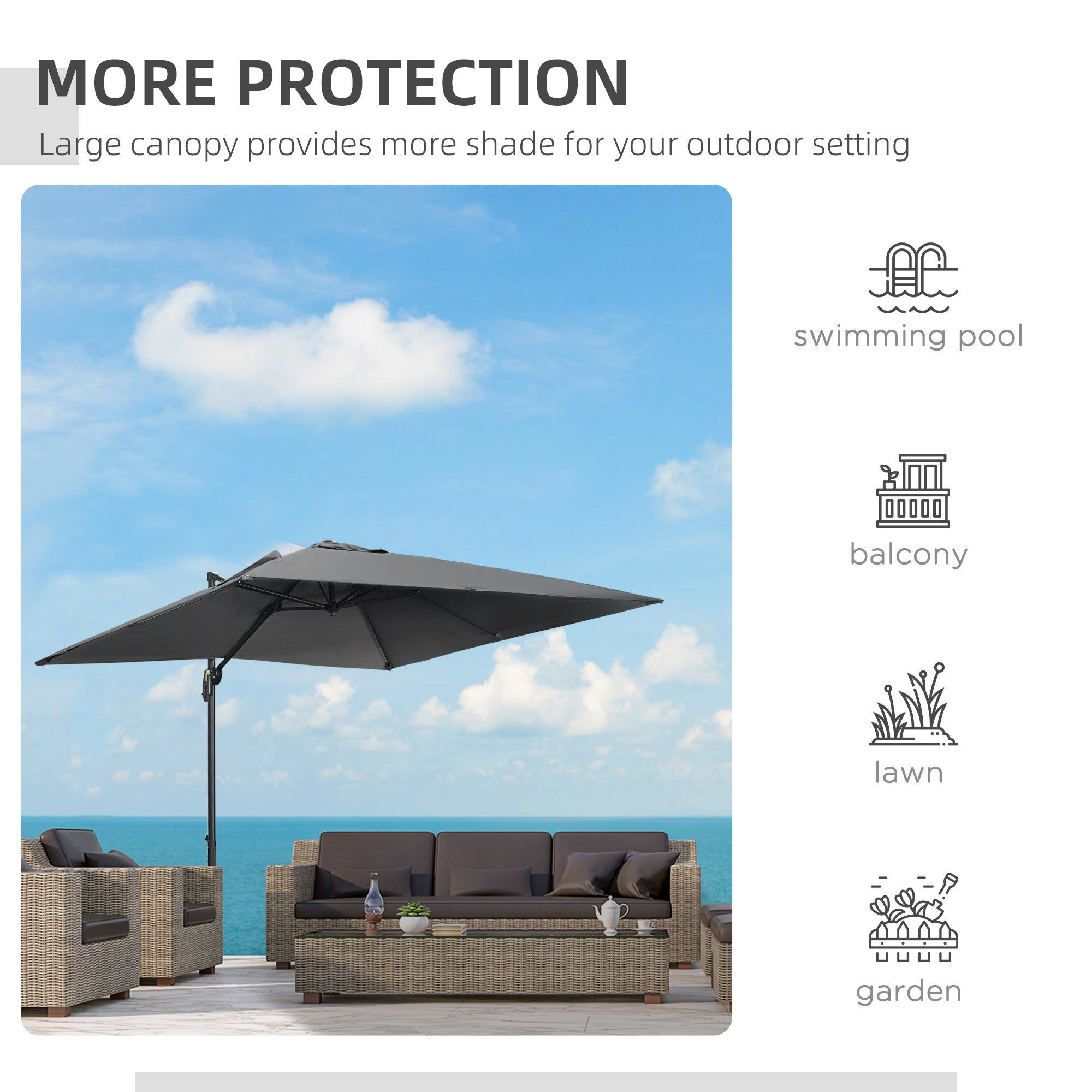 Outsunny 105" x 105" x 98" Cantilever Patio Umbrella with Cross Base, Crank Handle, Tilt, 360° Rotation and Aluminum Frame, Dark Grey 