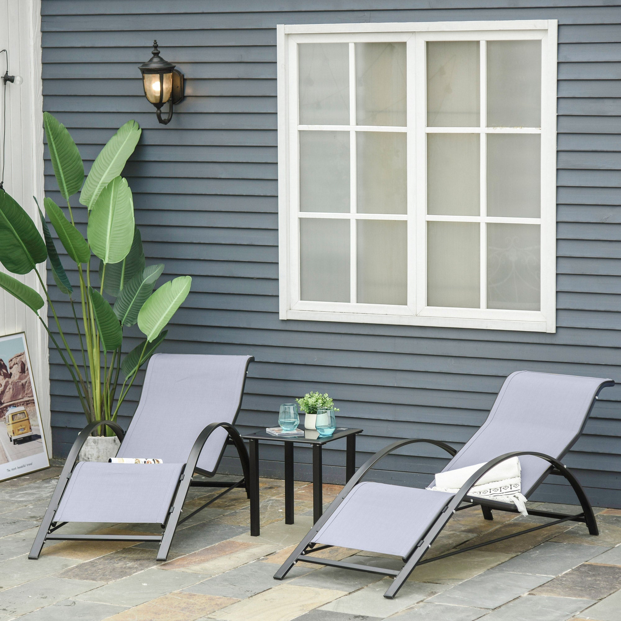 Outsunny 3Pc Patio Lounge Set with 2 S-Shaped Chairs Glass Table Outdoor Seating Light Grey 