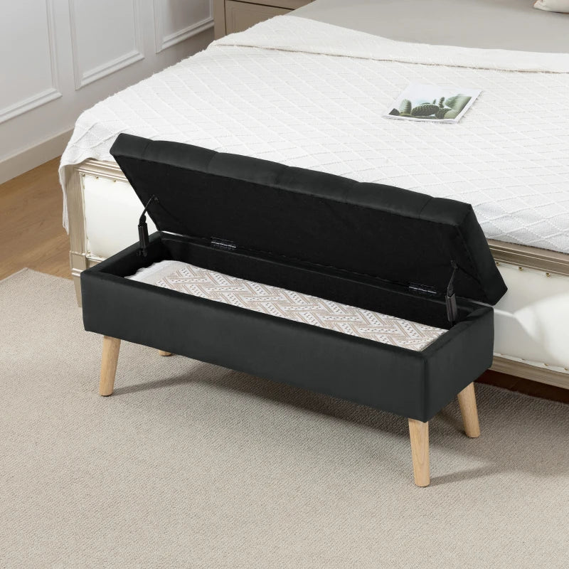 Storage Ottoman with Lid, Velvet Upholstered Storage Bench with Wood Legs for Living Room, Black