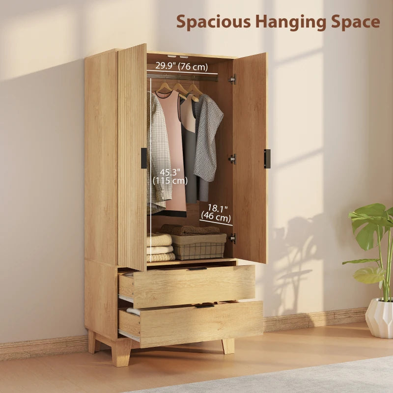 Modern Wardrobe Closet, Freestanding Armoire with Soft-Close Doors, 2 Drawers and Hanging Rod for Bedroom, Natural