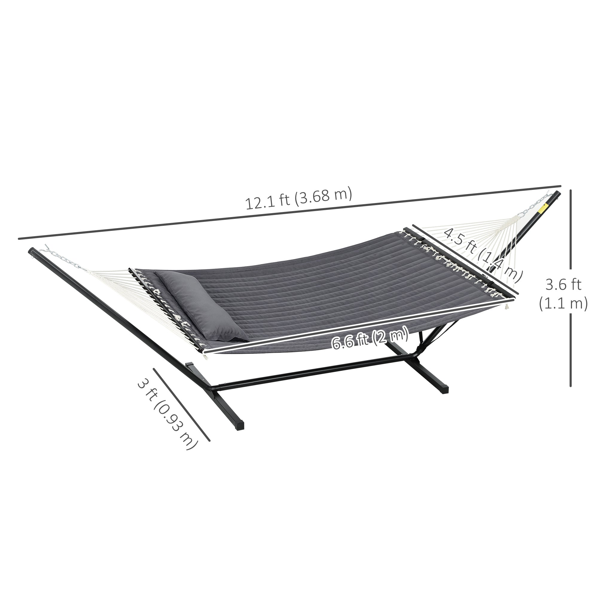 Outsunny 2 Person Hammock Quilted Double Hammock with Stand Pillow Spreader Bars for Outdoor Camping Beach, Dark Grey 
