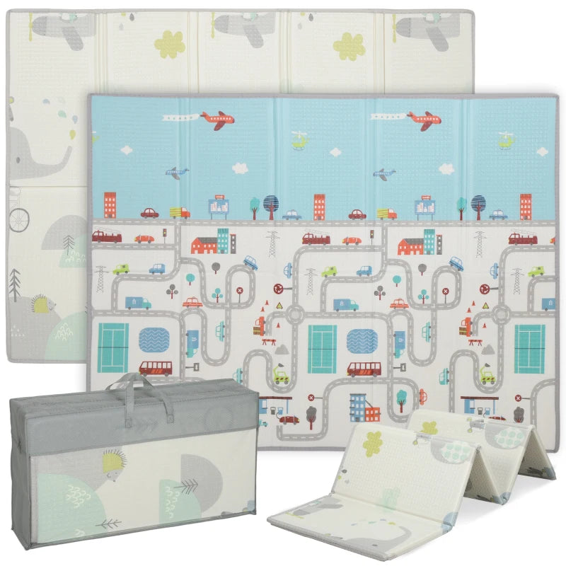 Qaba Foldable Baby Plat Mat, 79" x 59" Kids Floor Mat for Crawling and Learning, Track & Elephant Theme