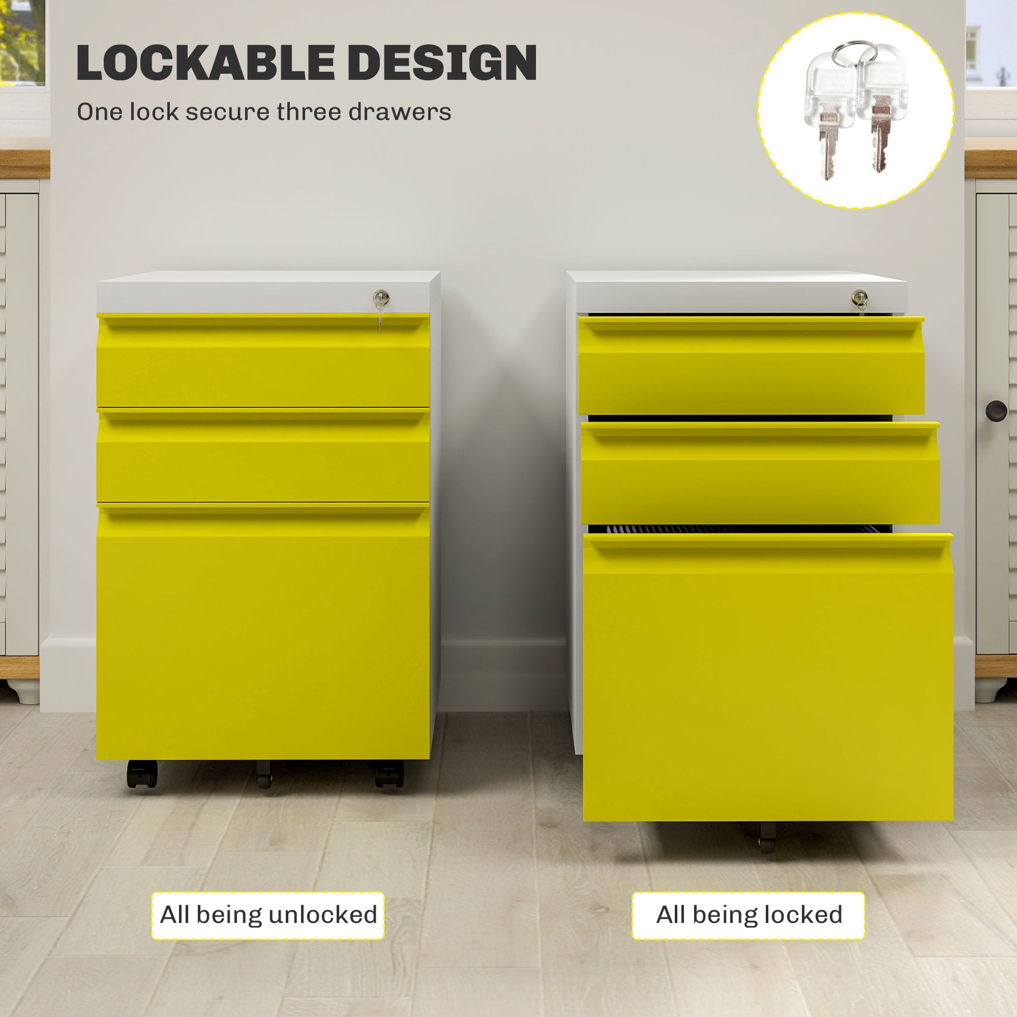 Vinsetto 3 Drawer Lockable Filing Cabinet on Wheels for Legal Letter A4 Files Yellow 