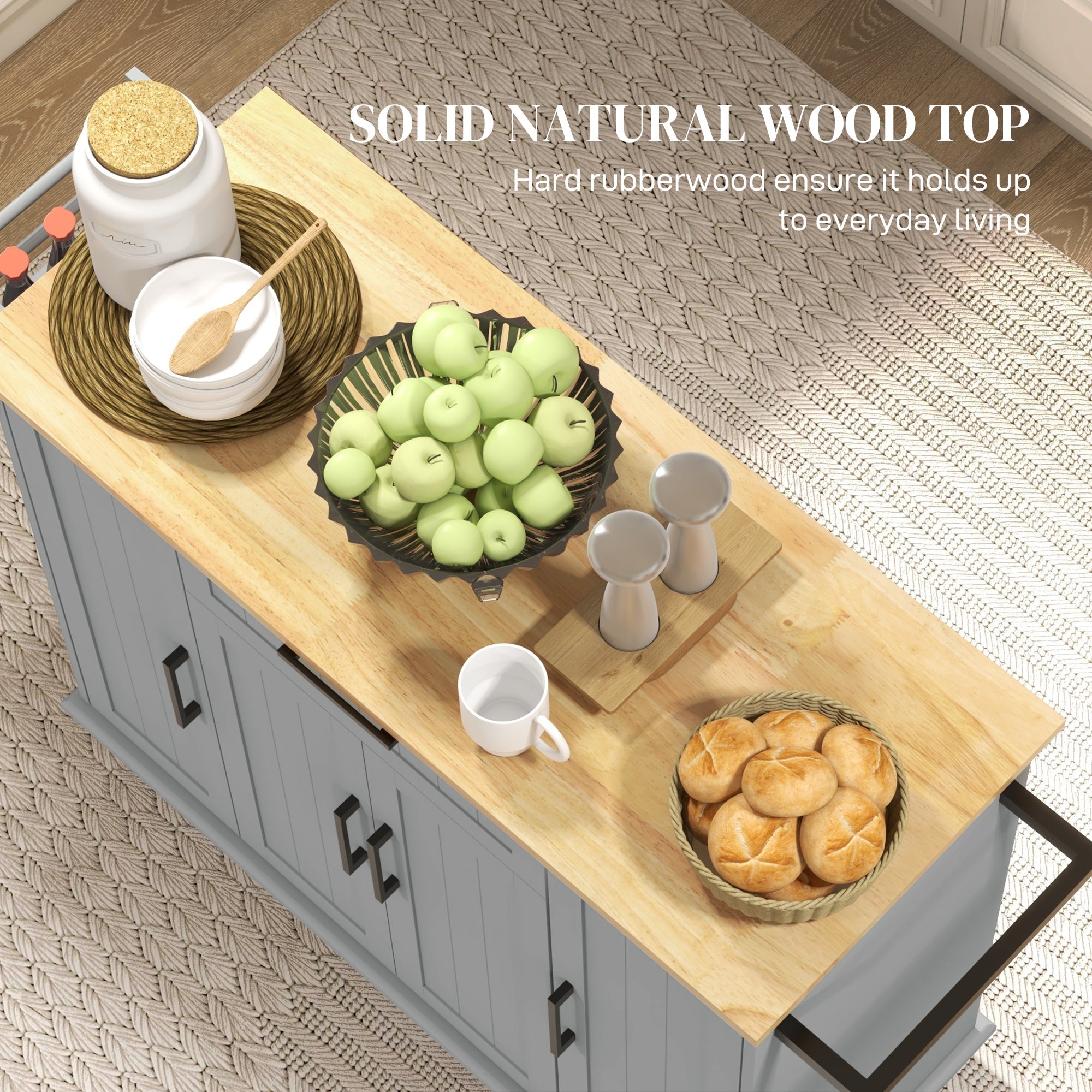 HOMCOM Modern Rolling Kitchen Island Cart with Drawers, Natural Wood Top, Towel Rack, Door Storage Cabinet, Grey 