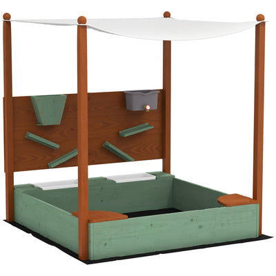 Qaba Wooden Kids Sandbox with Canopy, Sand Wall, Bottom Liner, for 3-6 Years, 46" x 44" W x 50", Green 