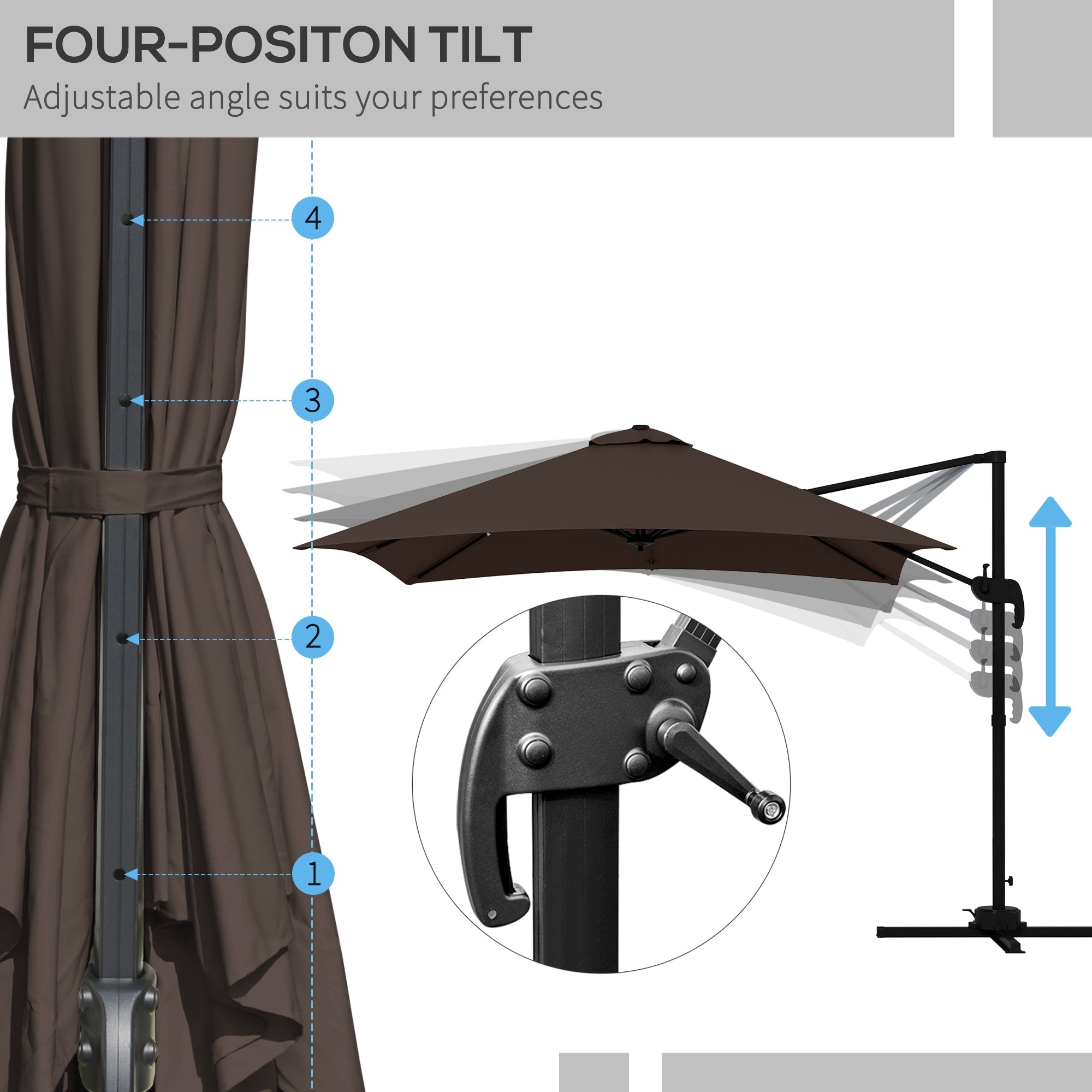 Outsunny 10x10ft Cantilever Umbrella Square Market Parasol Adjustable Outdoor Patio Shade Coffee Rotatable 