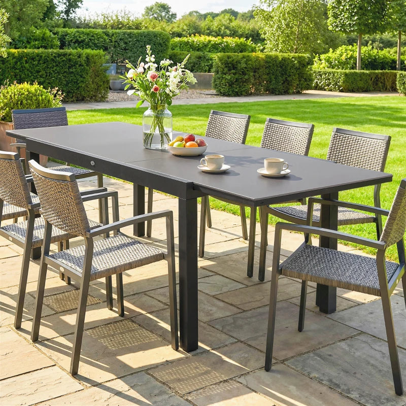 Expandable Outdoor Dining Table, 55"-95" Patio Table with Tempered Glass Top and Aluminum Frame, Black