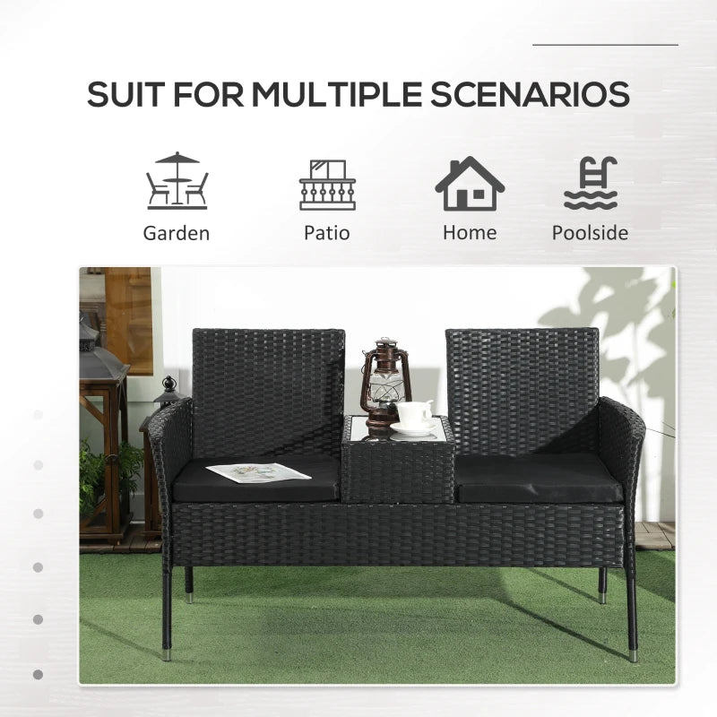 Patio Furniture w/ Mid-Table PE Rattan Loveseat w/ Cushion, Black