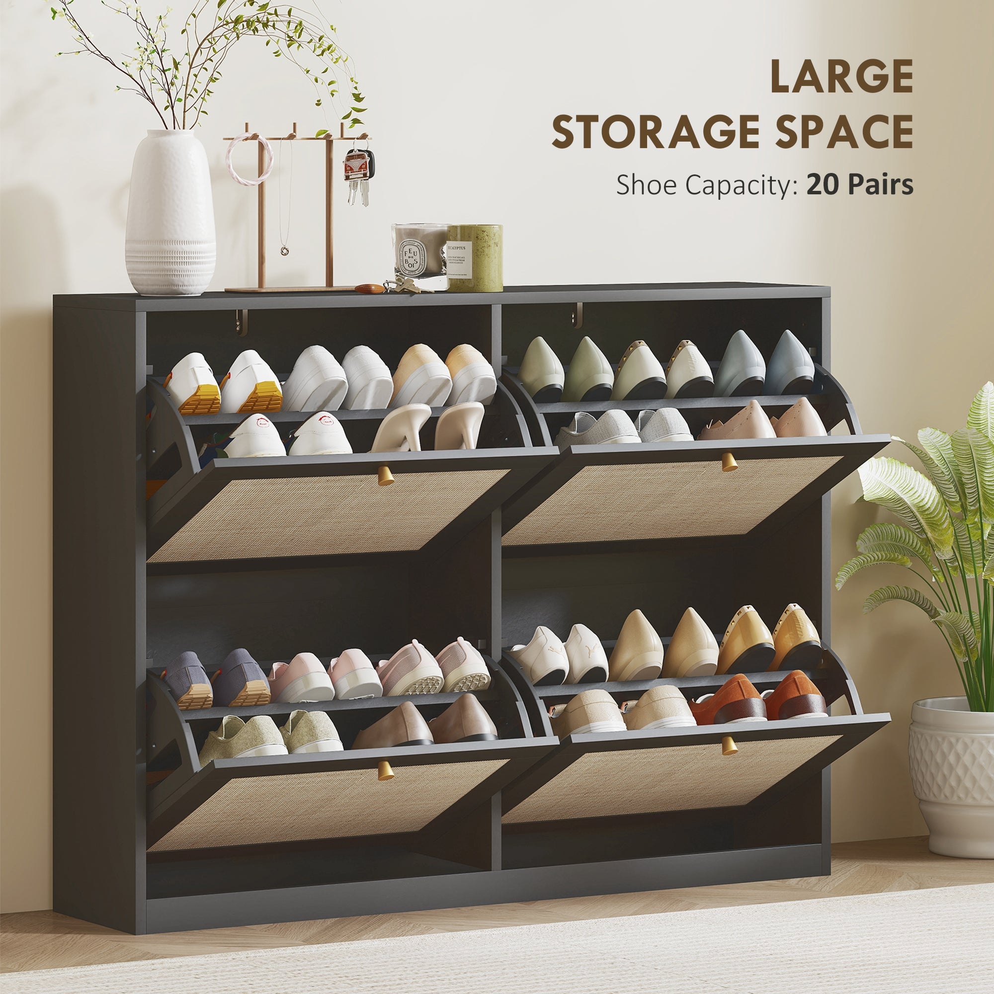 HOMCOM Narrow Shoe Storage Cabinet, Rattan Shoe Cabinet with 4 Flip Drawers and Adjustable Shelves for 20 Pairs, Black 