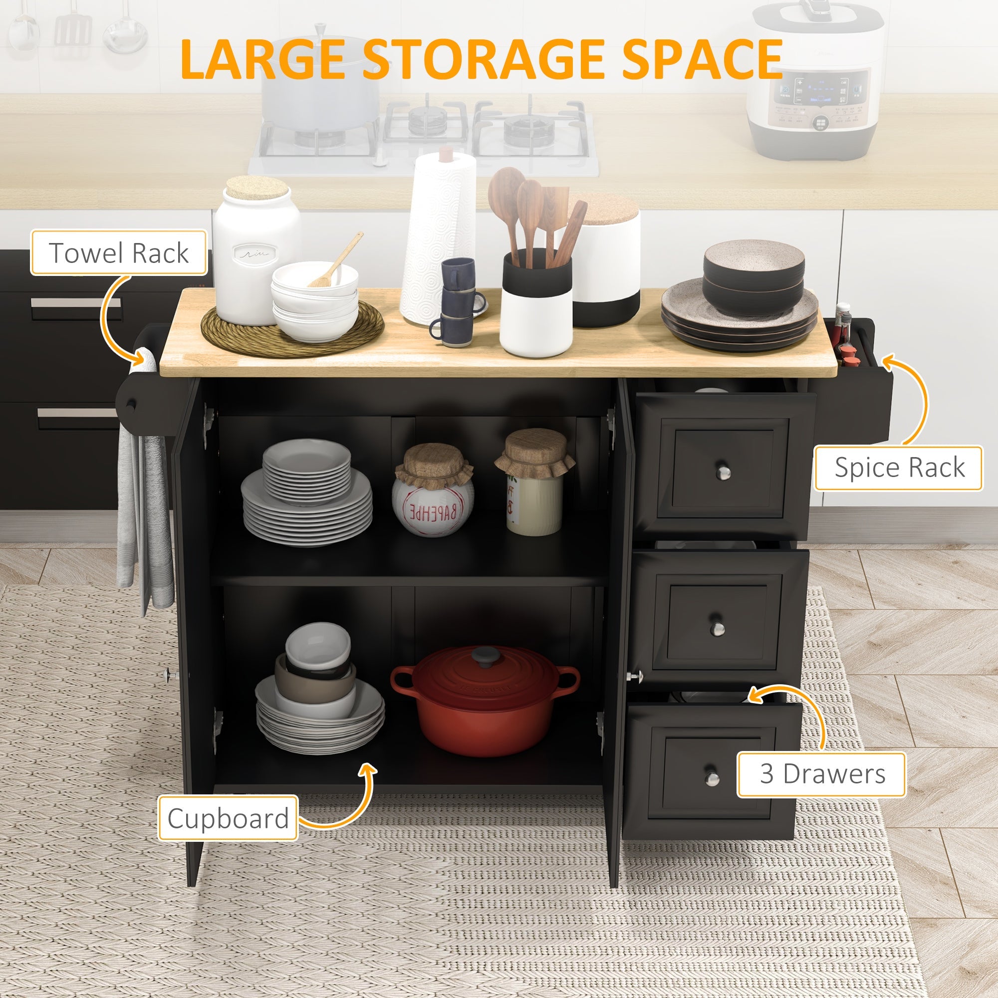 HOMCOM Mobile Kitchen Island: On Wheels, Drop Leaf, Drawers, Natural Wood Top, Storage Cart 