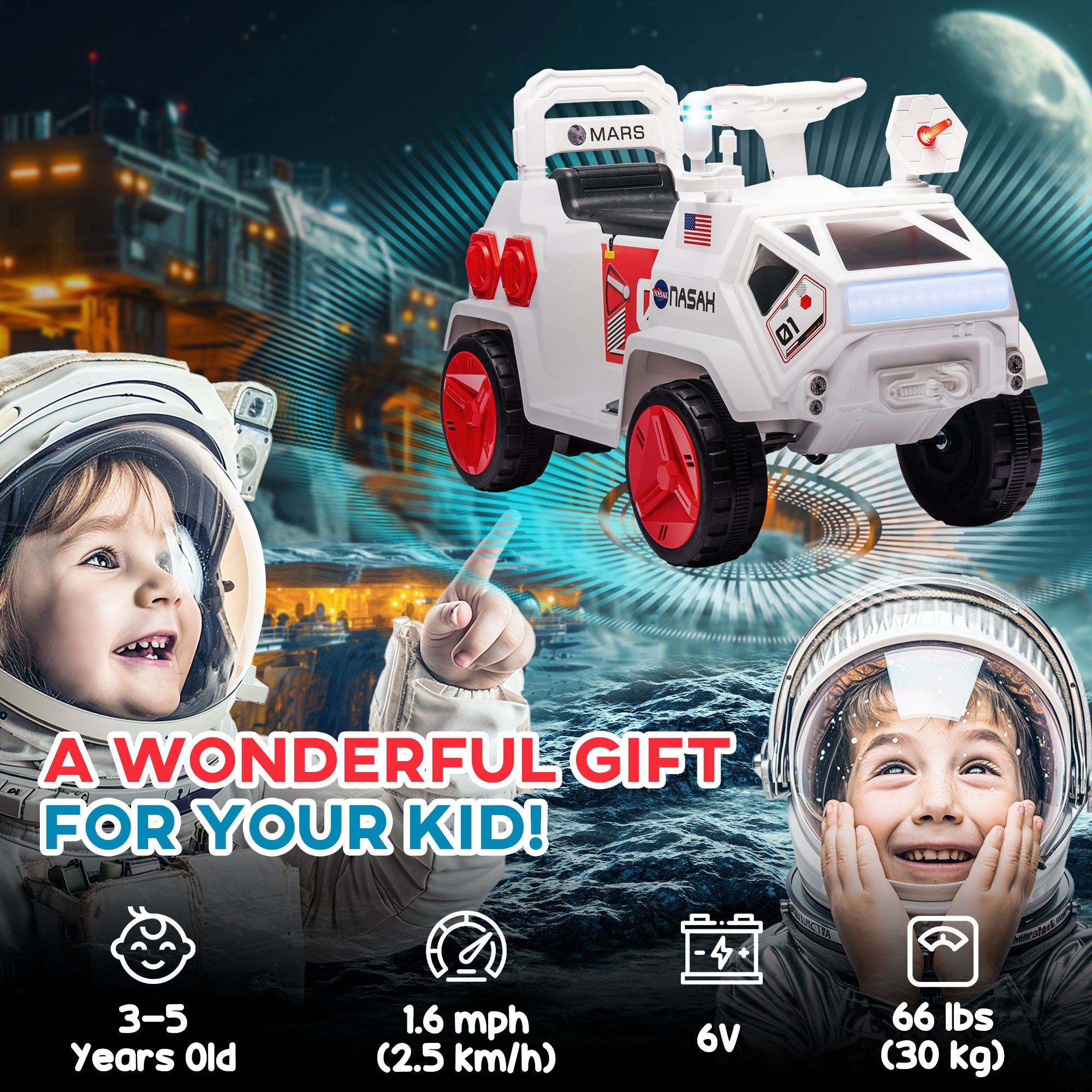 Qaba 6V Mars Rover Ride On Car for Kids Sounds Lights MP3 Player Electric Toy Vehicle Riding Experience Ages 3-5 White 