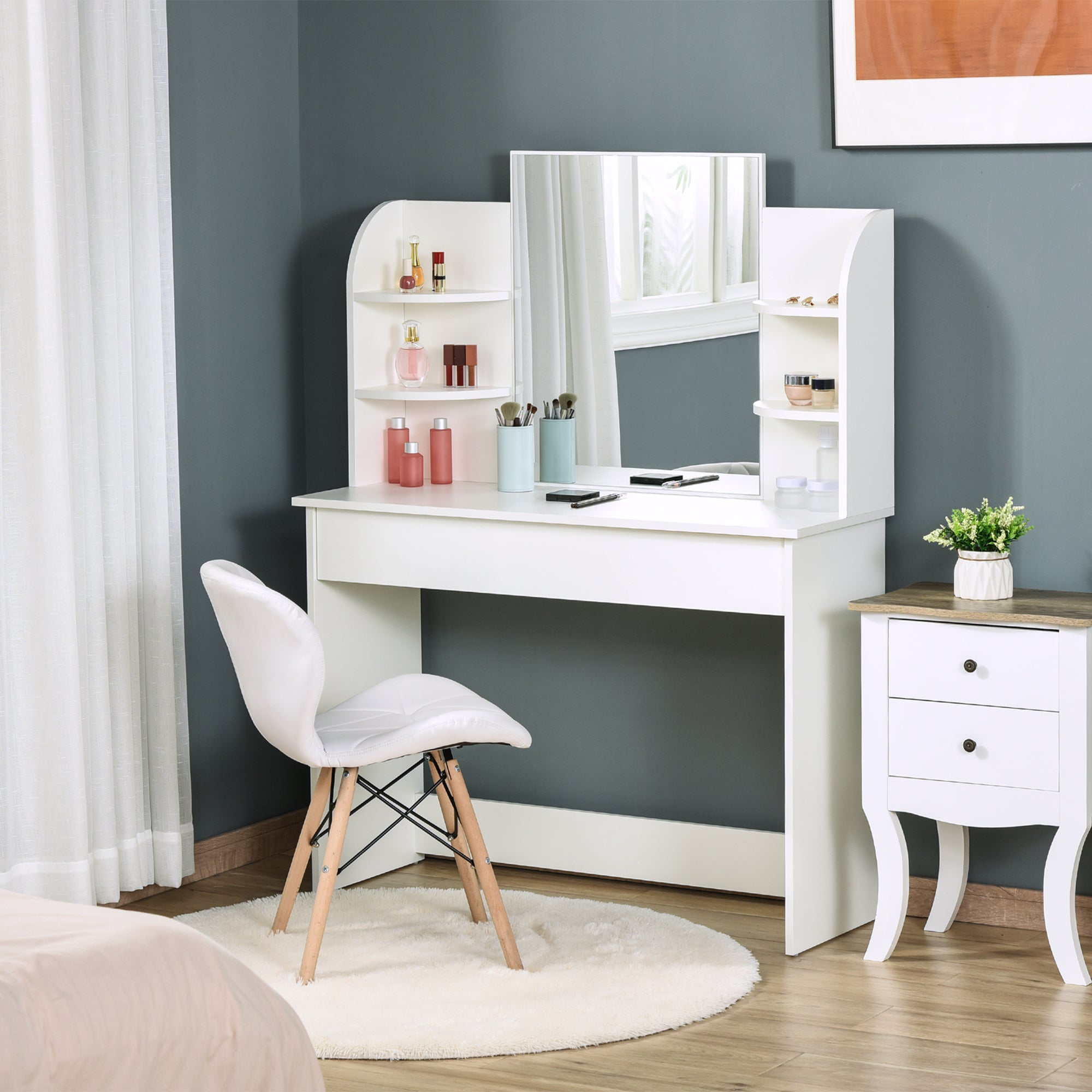 HOMCOM Dressing Table Vanity Set with Makeup Mirror Large Drawers Open Shelf for Bedroom White 