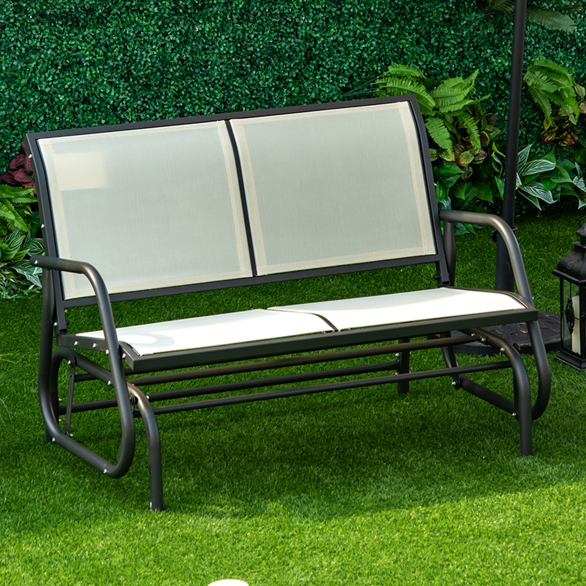 Outsunny Patio Double Glider Outdoor Steel Sling Fabric Gliding Bench Garden Swing Chair Heavy-Duty Porch Rocker Garden Loveseat Cream 