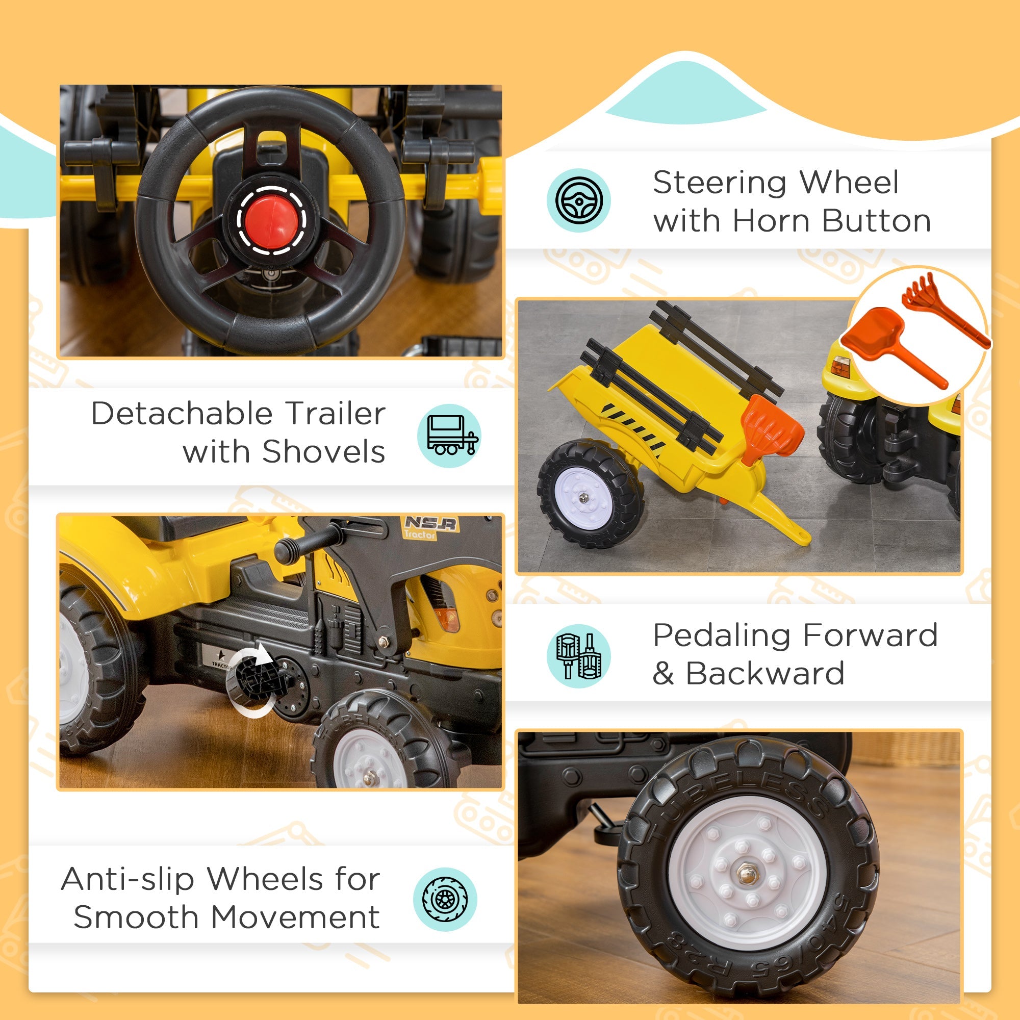 Aosom Front Loader Excavator Ride On Toy Pedal Control W/ 6 Wheels Controllable Bucket for 3-6 Years old 