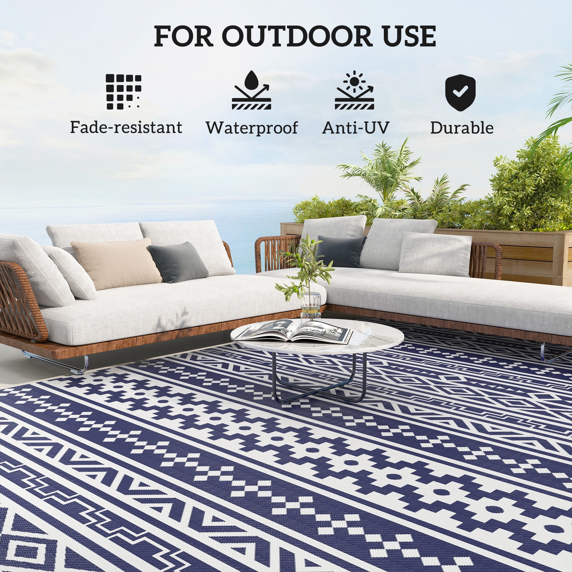 Outsunny 9' x 18' Outdoor RV Rug, Reversible Patio Floor Mat with Carry Bag, Geometric Wall, Blue and White 