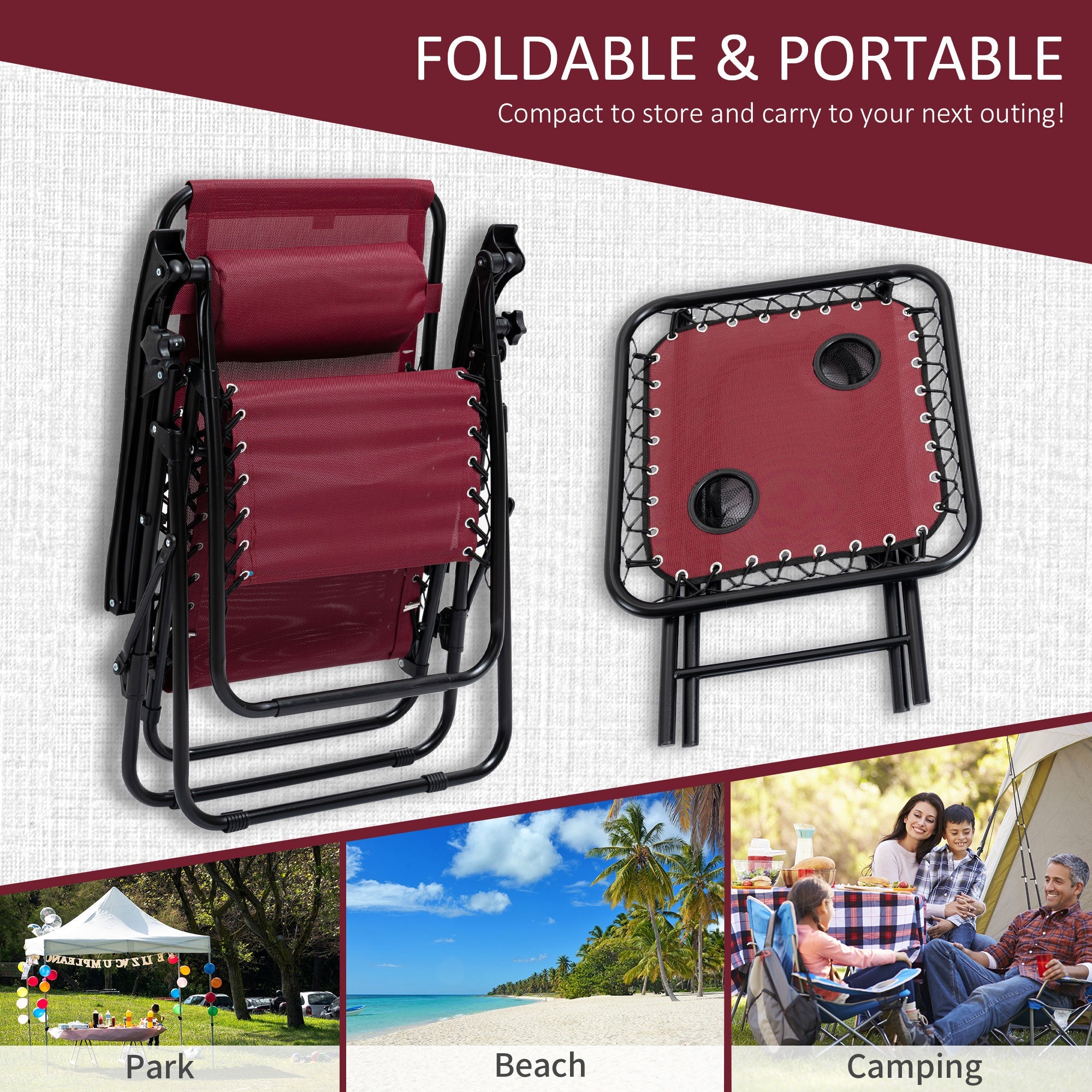 Outsunny Zero Gravity Chair Set of 2 Patio Chair with Side Table Cupholders and Pillows for Pool, Backyard, Lawn, Beach, Red 