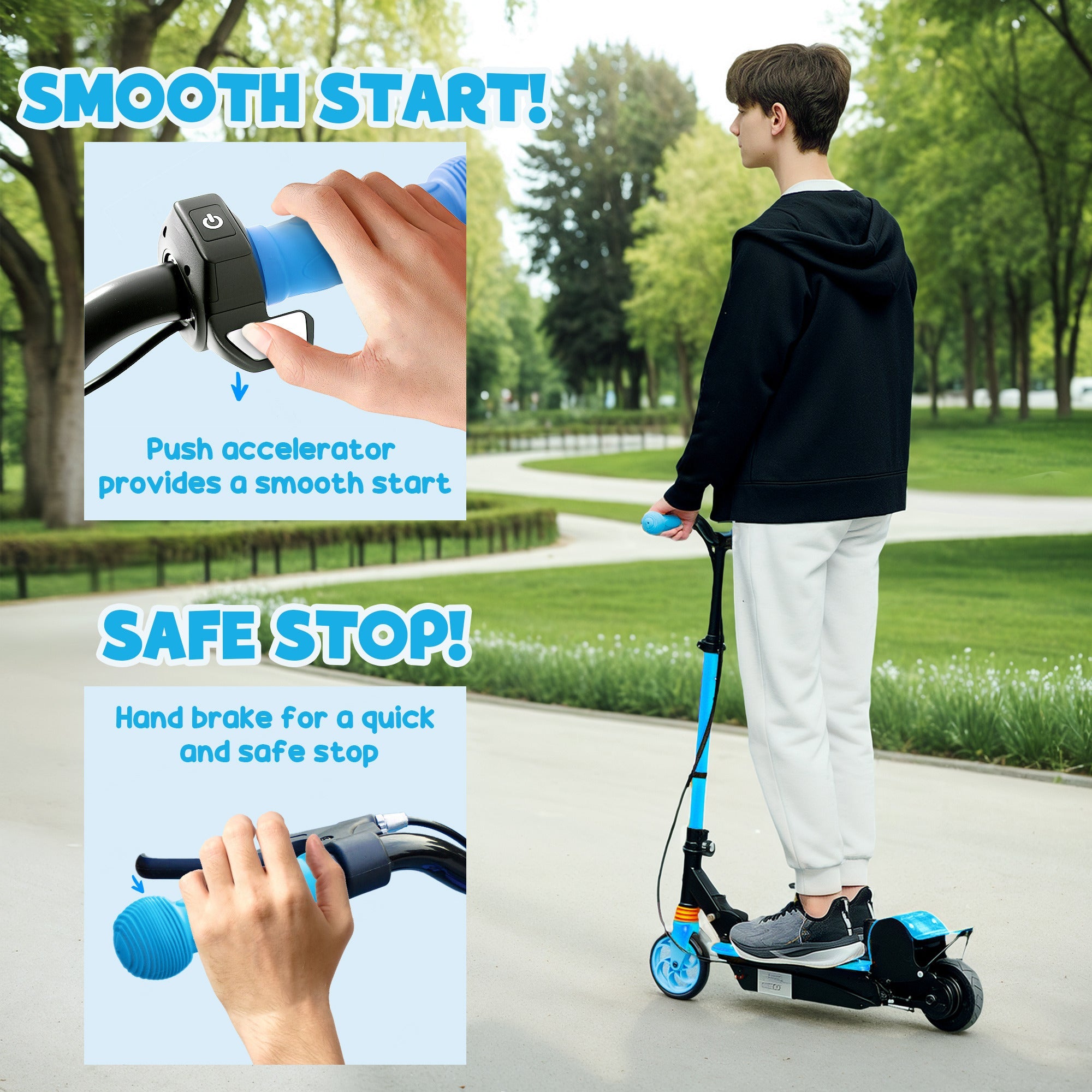 Soozier Foldable Electric Scooter for Kids Ages 6-14, with Seat and 2 Adjustable Heights, Max 6km Range & 12km/h, Blue 