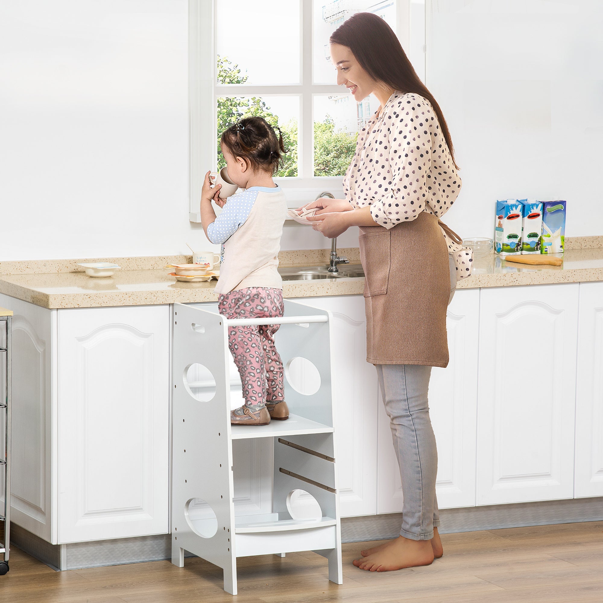 HOMCOM Kids' Adjustable Kitchen Helper Stool in White - Safe Toddler Counter Step Solution 