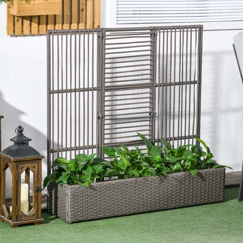 Raised Garden Bed with Lattice Trellis, Rattan Outdoor Planter with Storage for Garden, Patio, Balcony, Grey