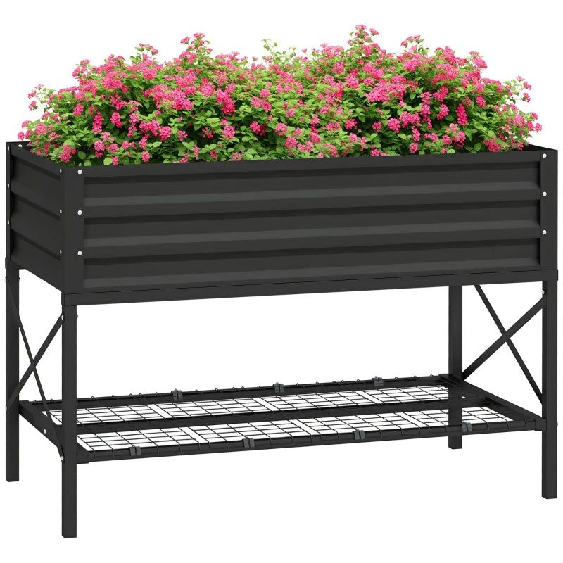 Galvanized Raised Garden Bed, Metal Planter Box with Bed Liner and Storage Shelf, for Vegetables Flowers Herbs, Black