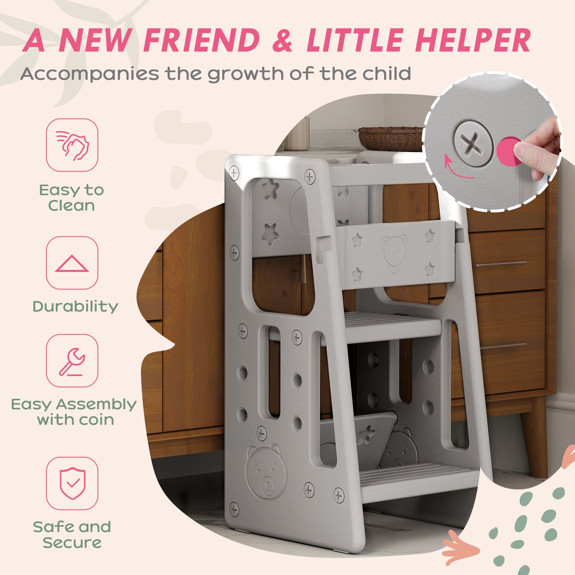 Qaba Kitchen Companion: Kids Adjustable Step Stool Tower for Counter Learning, Safe Standing Platform 