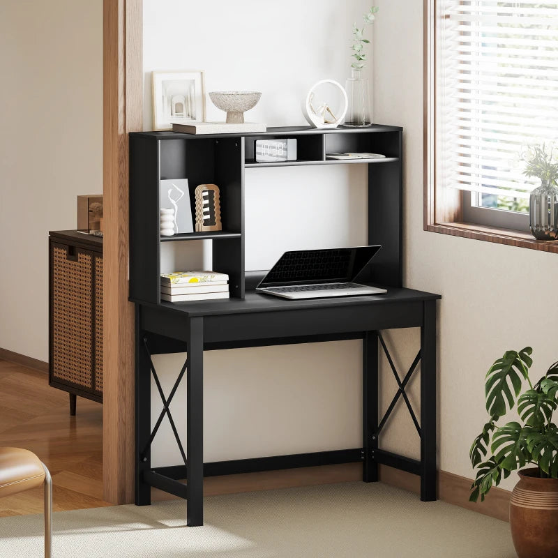 Computer Desk with Hutch, Home Office Table with Storage Shelves and Open Compartments for Writing, Work, Black