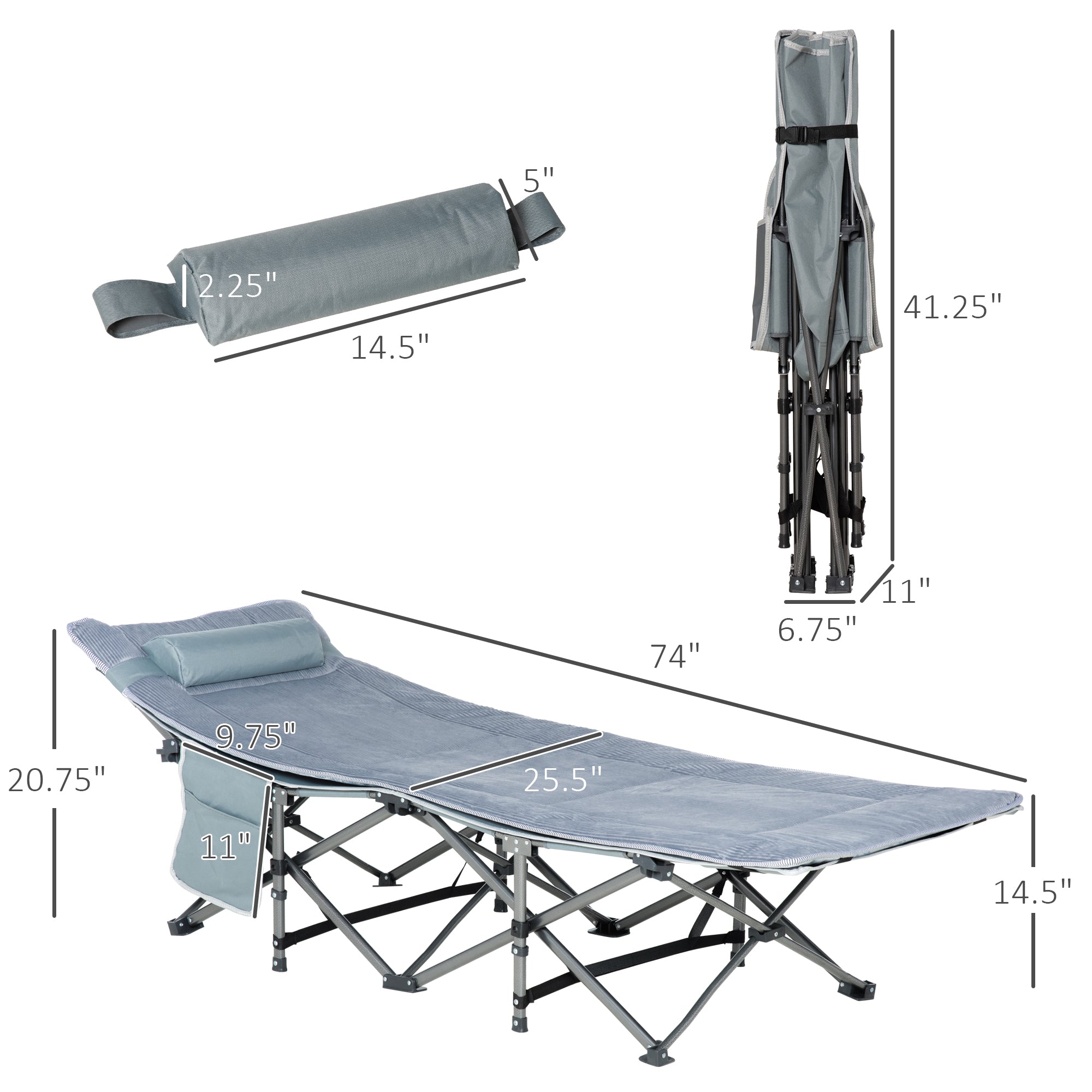 Outsunny Folding Camping Cot with Mattress Pillow Double Layer Oxford Heavy Duty Sleeping Cot Carry Bag Dark Grey 