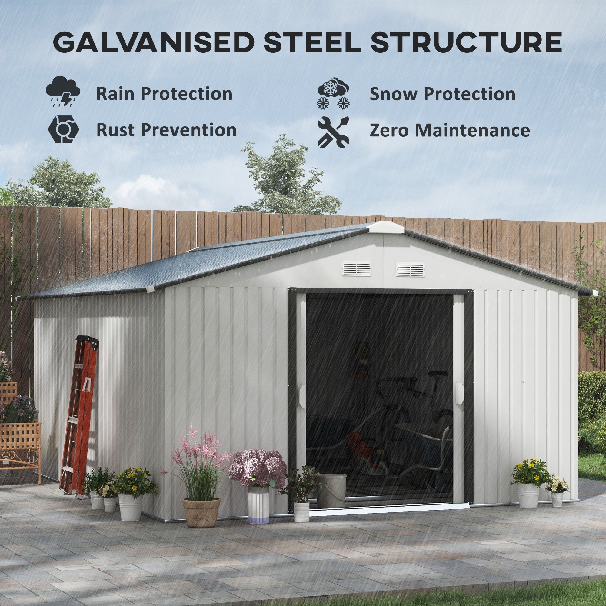 Outsunny 11' x 13' Garden Storage Shed w/ Foundation Kit Metal Tool Storage House w/ Double Doors White 