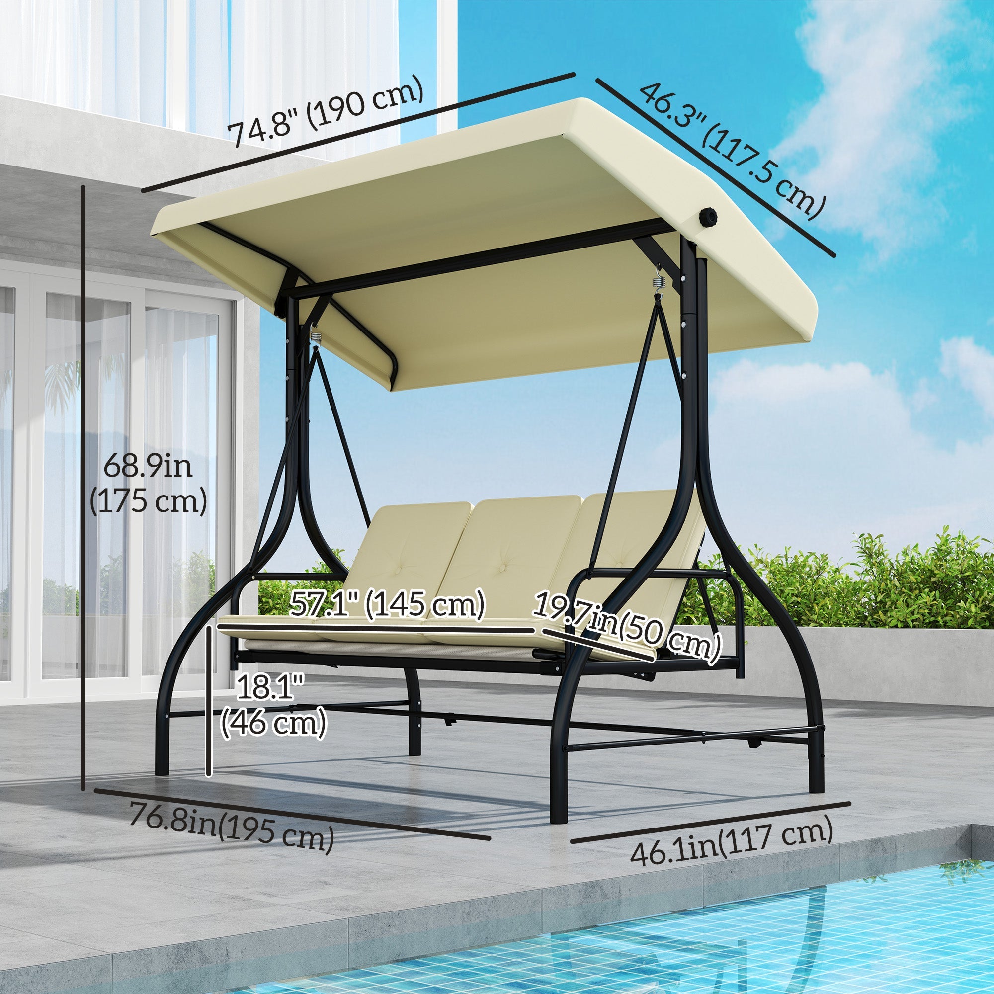 Outsunny Convertible Patio Swing Bed with Canopy and Cushions, 3 Seater Porch Swing for Outdoor, Backyard, Garden, Beige 