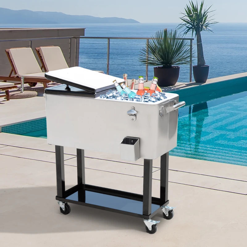 80 Quart Rolling Cooler Cart Ice Beer Beverage Cooling Bin for Outdoor Party, 35.4" x 15.4" x 32.7", Silver
