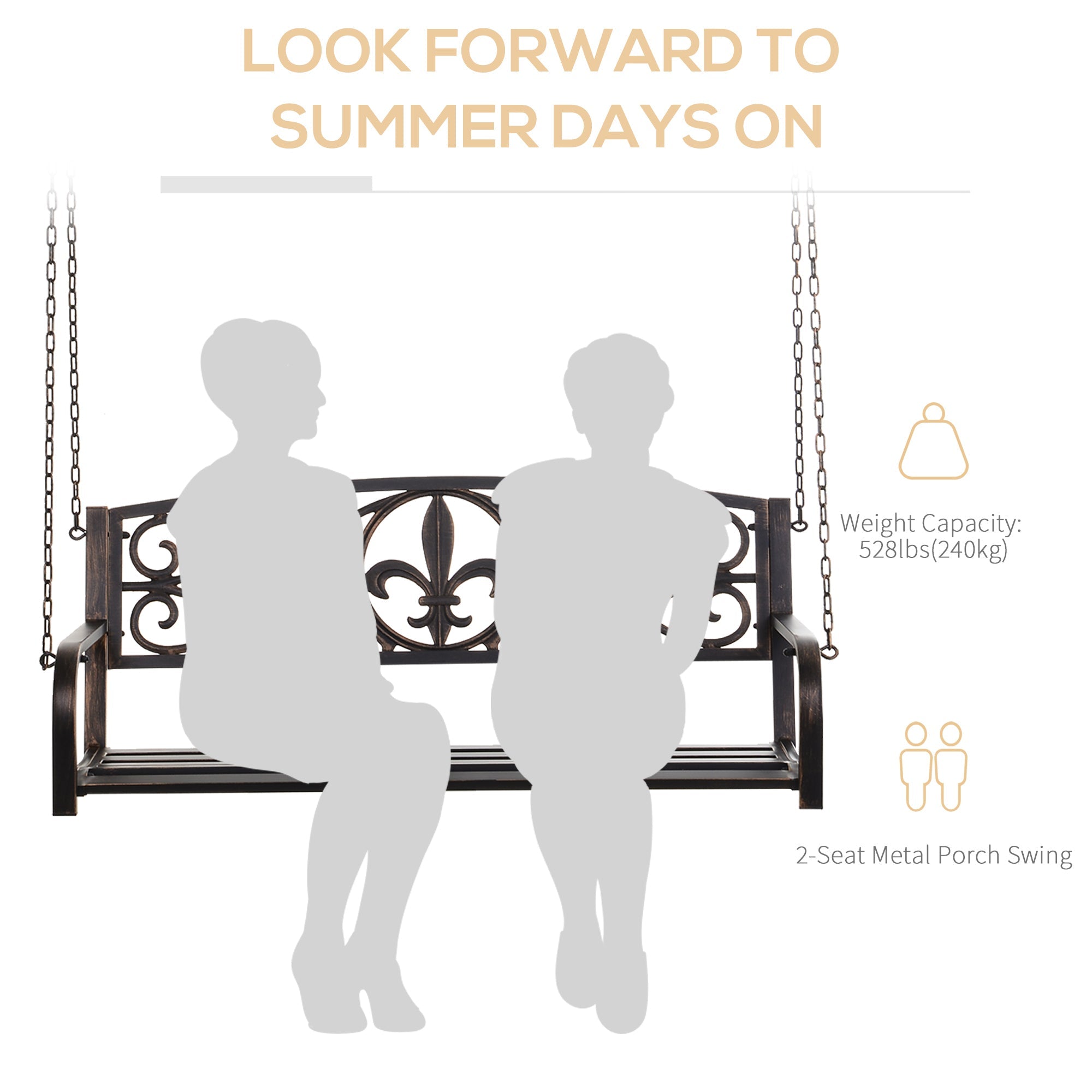 Outsunny Porch Swing: 2-Person Glider Chair Fleur De Lis Design Steel Frame Black 